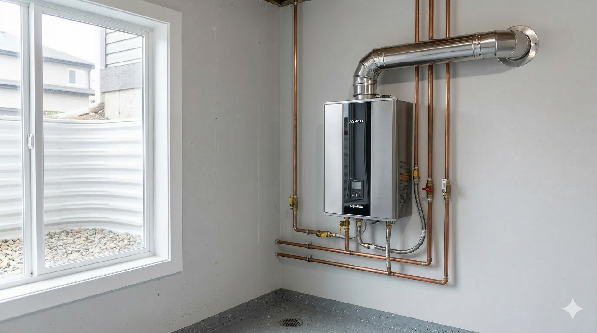 A wall-mounted tankless water heater with copper piping and a stainless-steel vent pipe in a clean utility room.