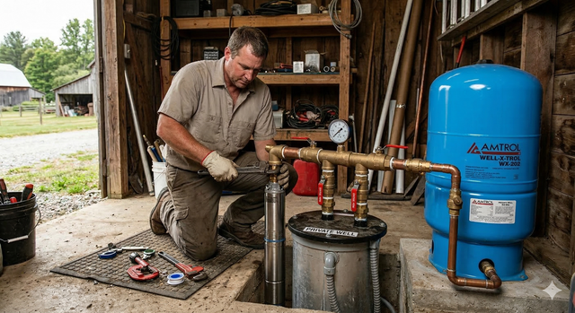 A technician wearing gloves works on a water well pump system in a workshop, near a large blue pressure tank.