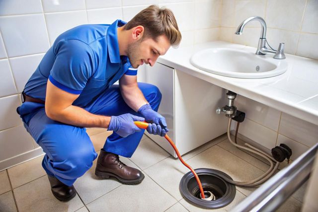 A plumber in a blue uniform and gloves clears a floor drain in a tiled bathroom with a drain snake.