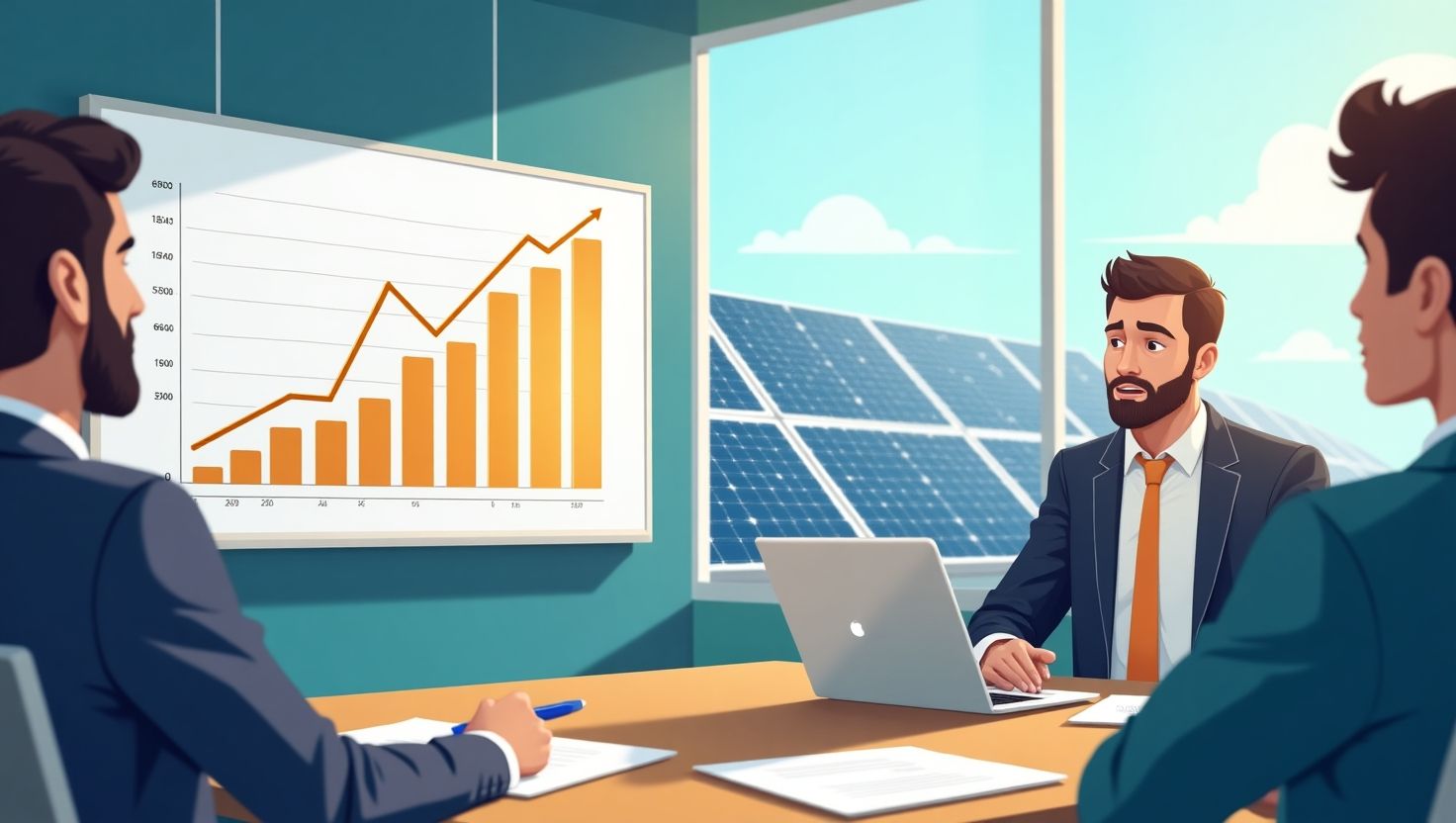 Business meeting on solar energy growth strategies, with executives reviewing a rising sales chart and solar panels visible outside the window.