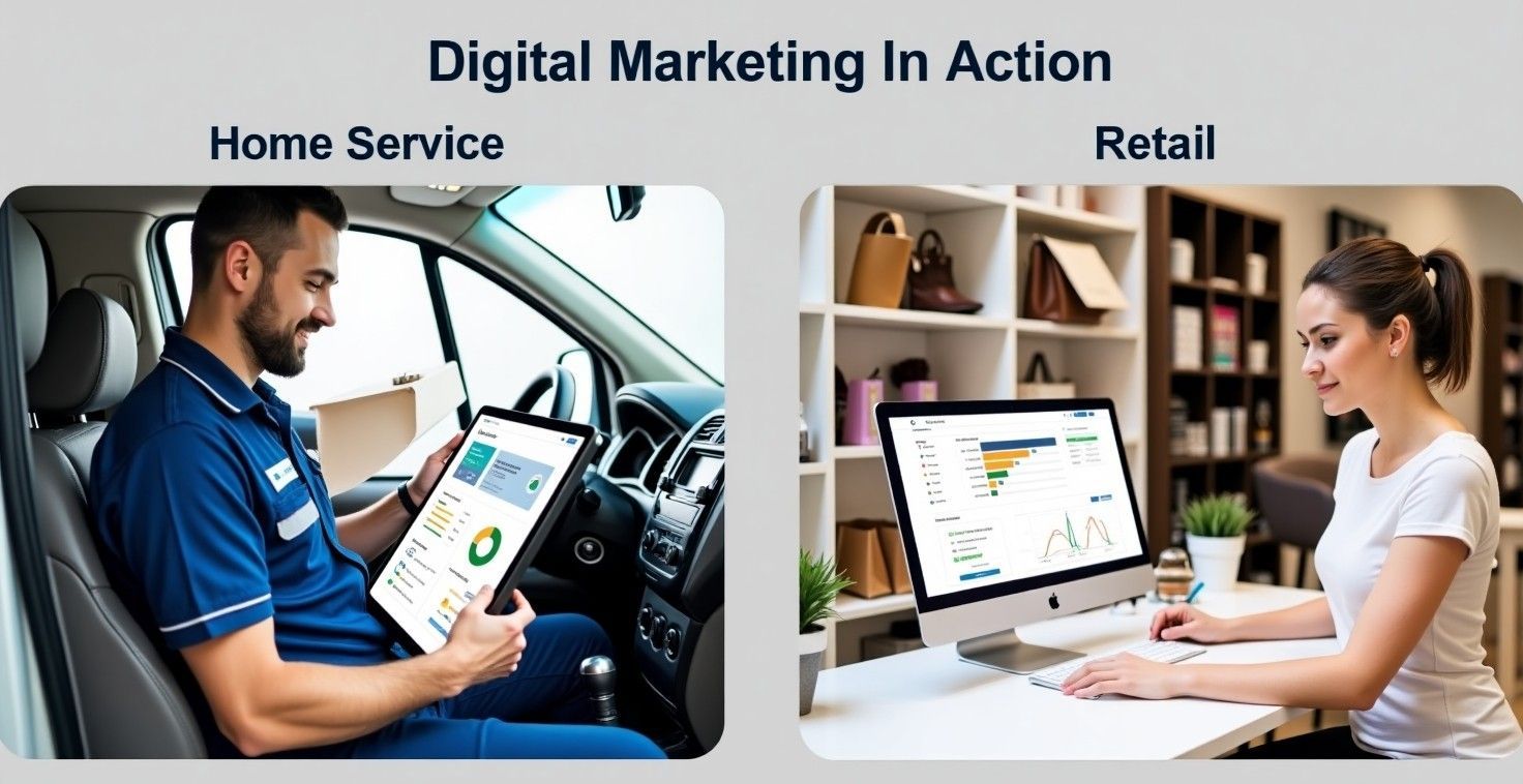 Split-screen image showing a home service technician in a van using a tablet to monitor marketing KPIs, contrasted with a retail professional in a boutique setting analyzing eCommerce data on a desktop computer.