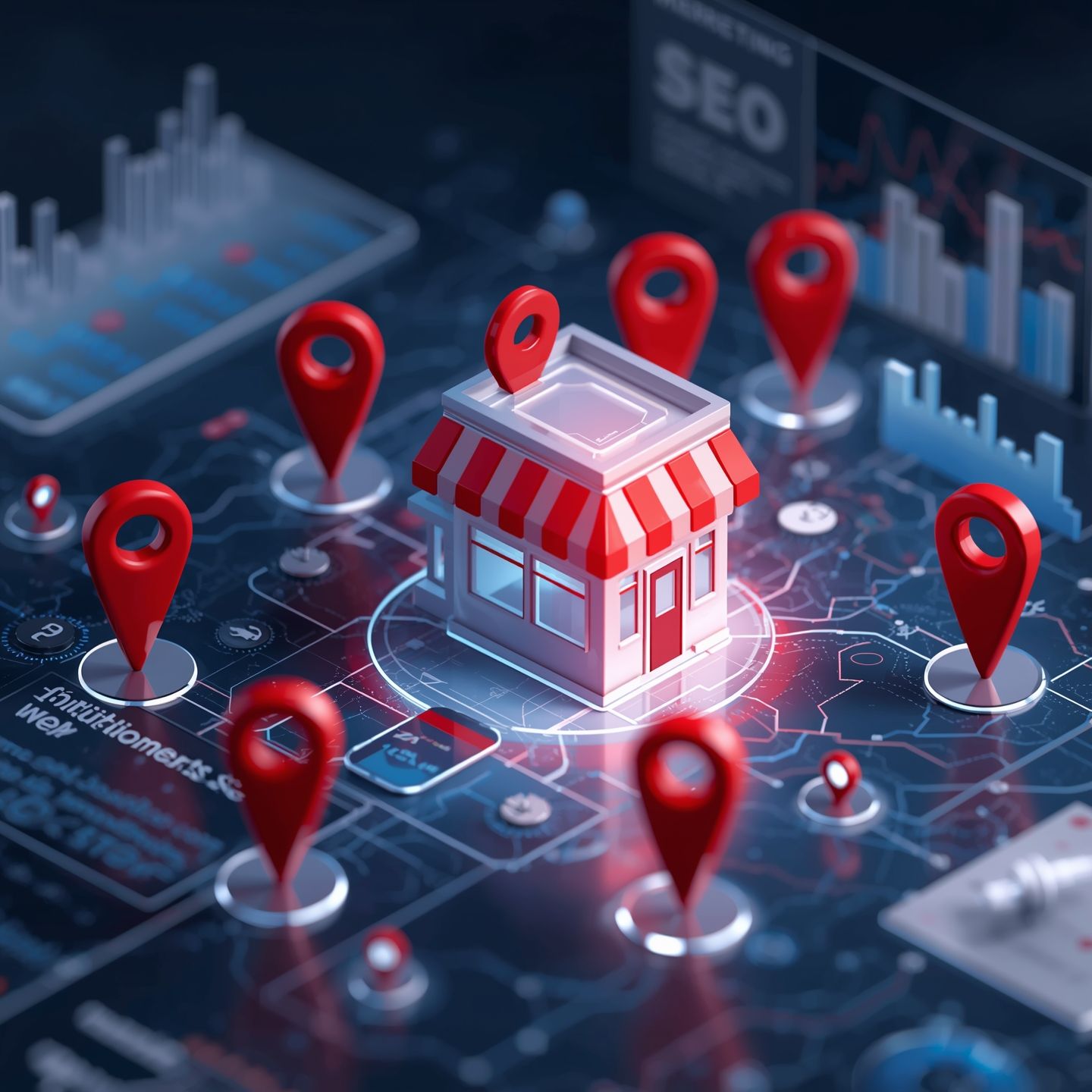 A 3D illustration of a small local business surrounded by digital map location pins
