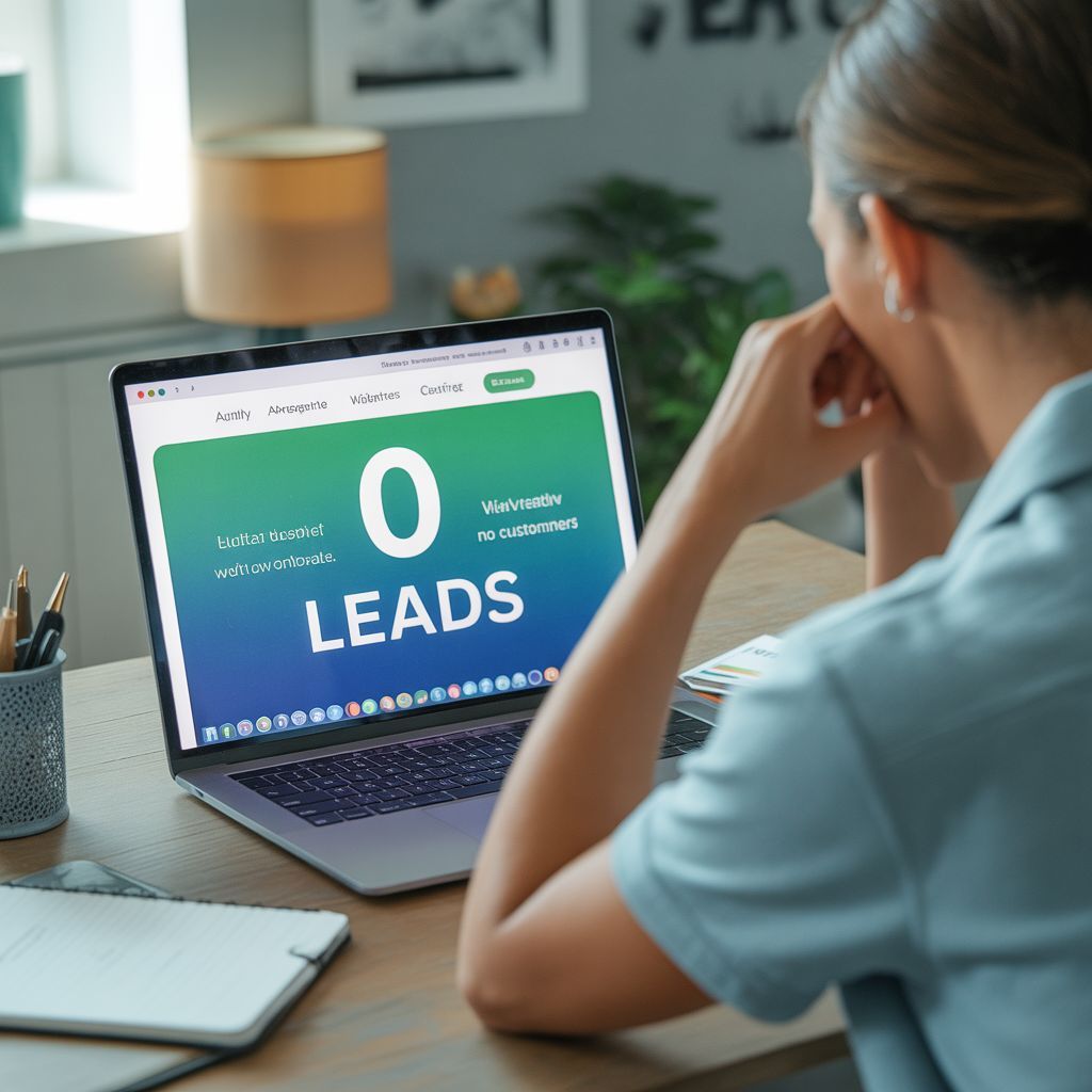 A small business owner looking at a laptop screen displaying “0 leads,” representing a website 