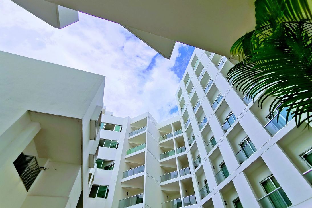 Mirando hacia arriba a un edificio con una palmera en primer plano