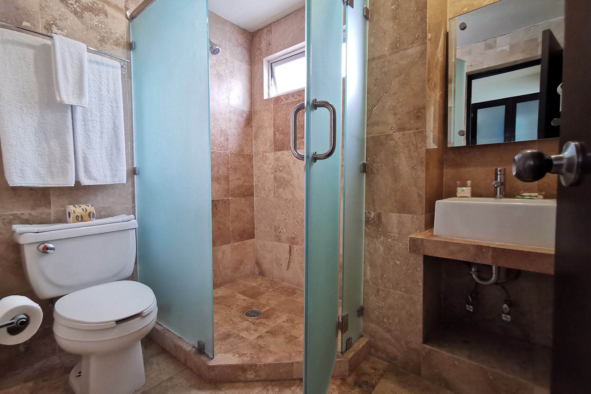 Un baño con inodoro, lavabo, ducha y espejo.