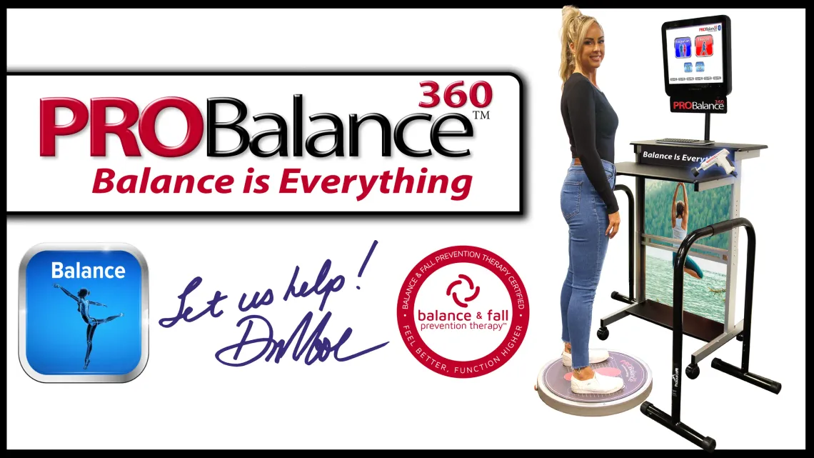 Woman on PROBalance 360 platform; blue logo, equipment with screen; red logo: Dr. Mall, 