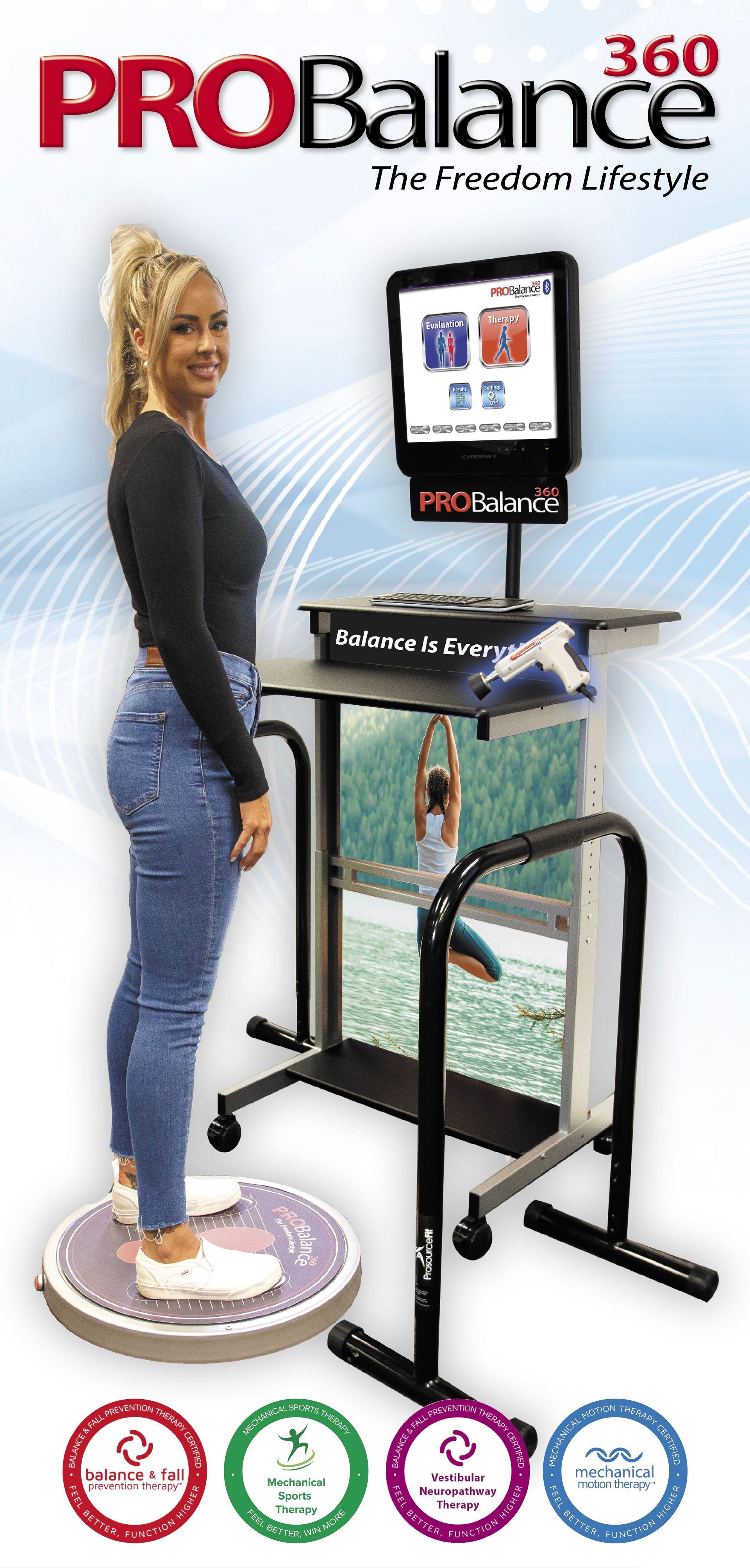 Woman using a ProBalance 360 machine. The machine has a screen, a platform, and handrails. She stands on a balance disc.