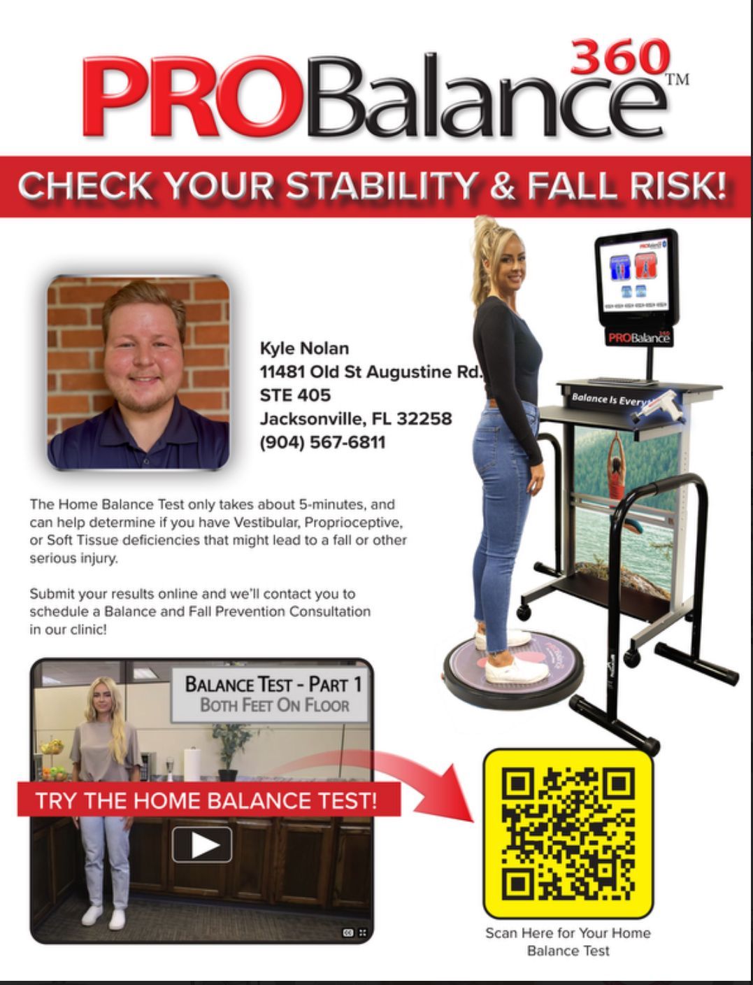 Flyer promoting the ProBalance 360. Shows a person undergoing a balance test.  Includes contact info and a QR code.