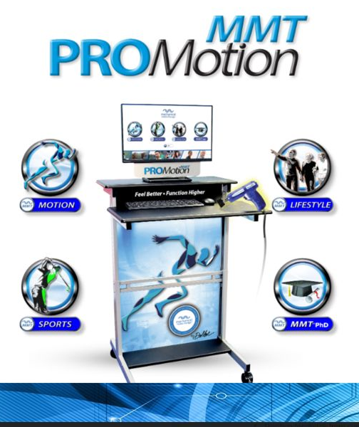 MMT PROMotion system with computer monitor, training chair, and runner graphic.