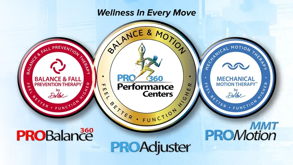 Logos for balance & fall prevention, Balance & Motion Performance Centers, and mechanical motion therapy.