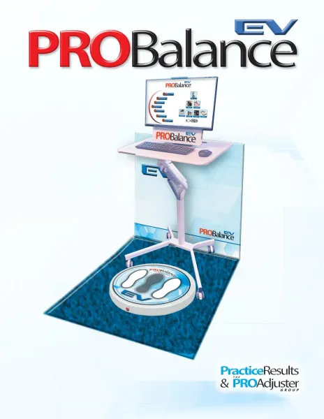 PROBalance EV balance assessment system with computer and foot platform on a blue mat.