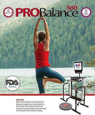 Woman in yoga pose by lake, ProBalance machine, FDA cleared. Text: 360, balance. LearnProBalance.com.