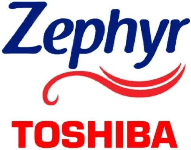 Un logo bleu et rouge pour Zephyr et Toshiba