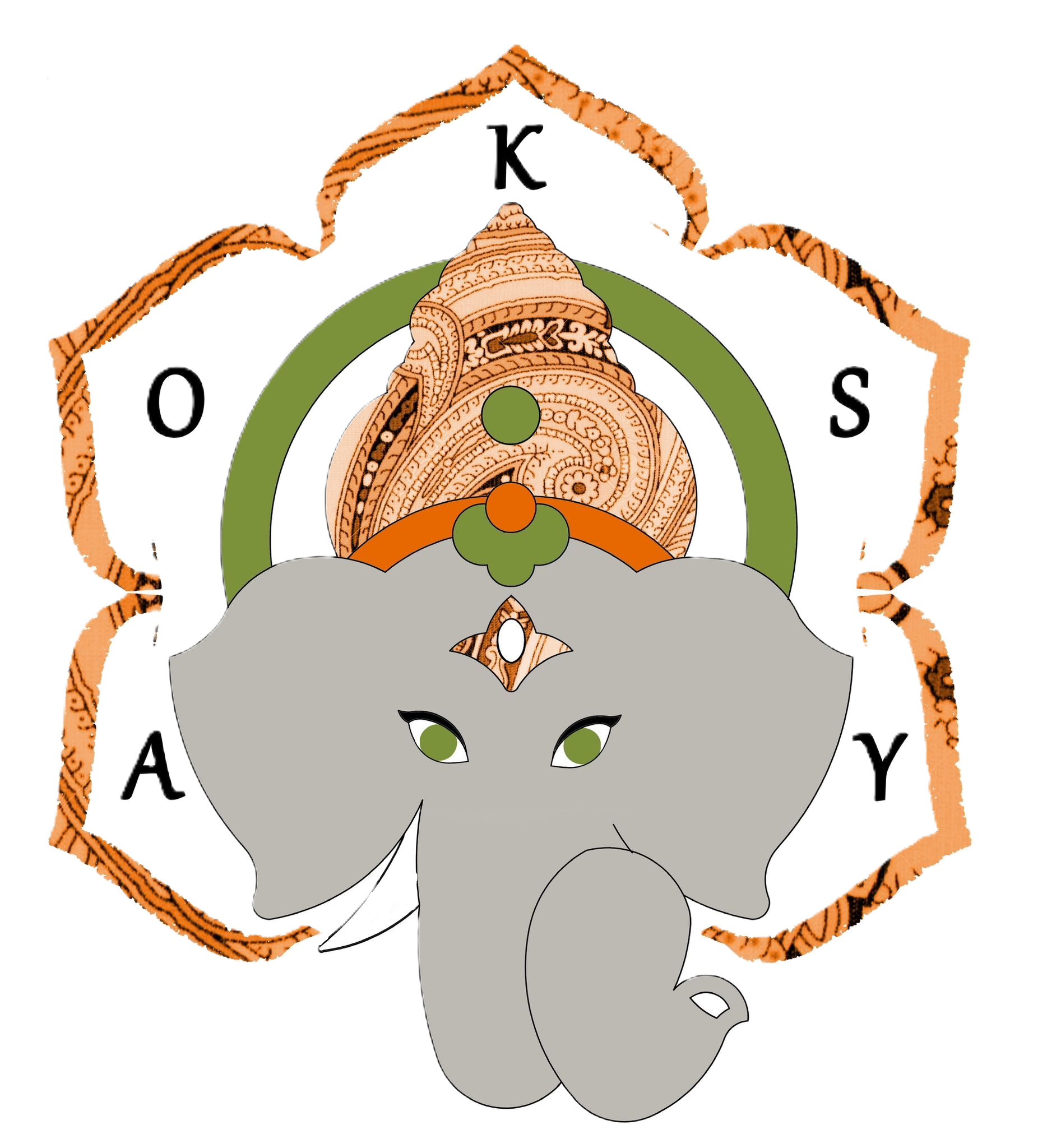 Divinità con testa di elefante e le lettere su un disegno floreale, marrone, verde e arancione.