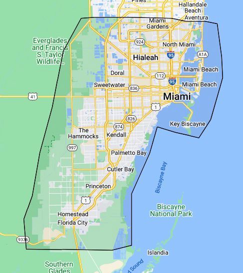 A map of miami florida with a circle around the city.