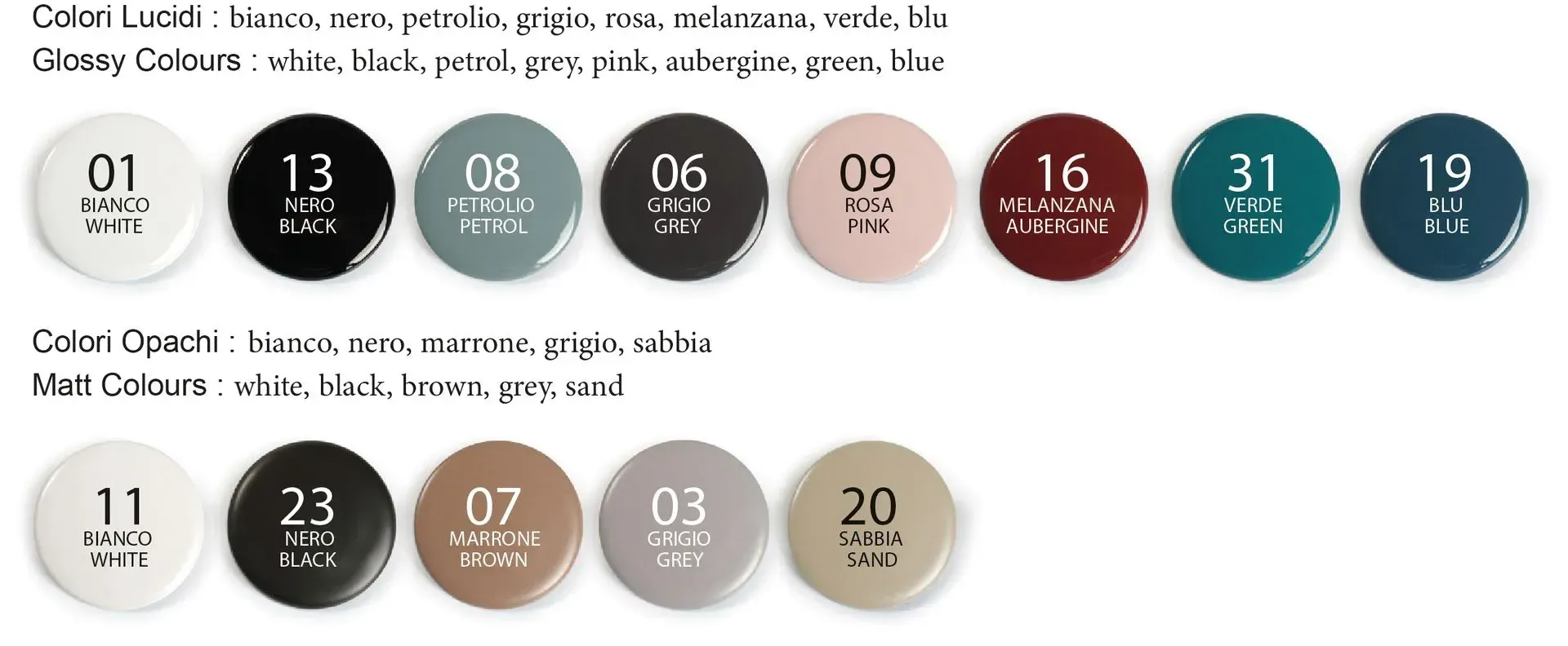 Palette colore lucido (nero, verde acqua, grigio, rosa, rosso scuro, verde, blu) opaco (bianco, nero, marrone, grigio, beige)