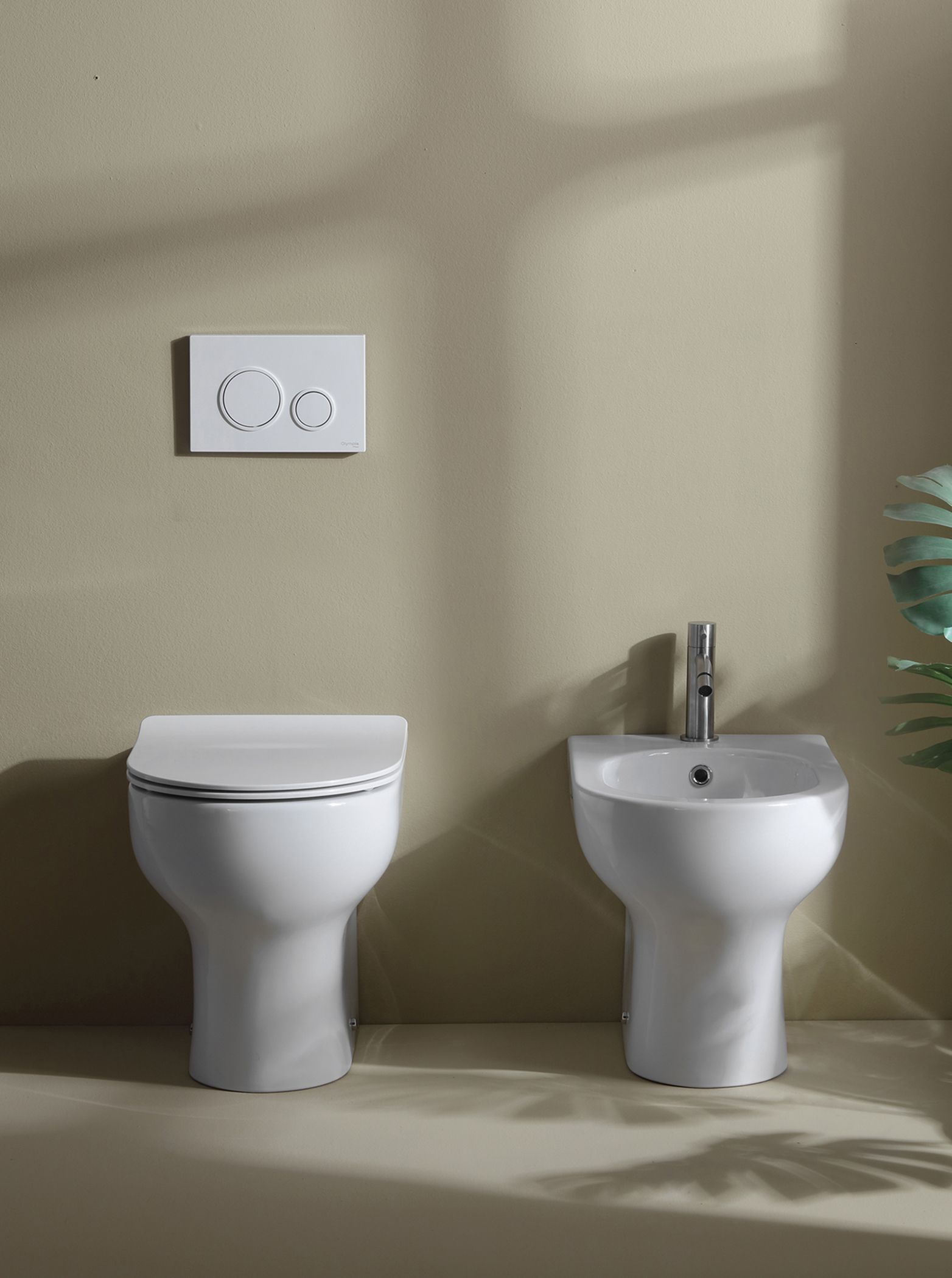 WC e bidet bianchi uno accanto all'altro contro una parete beige, piastra di scarico sopra il WC.