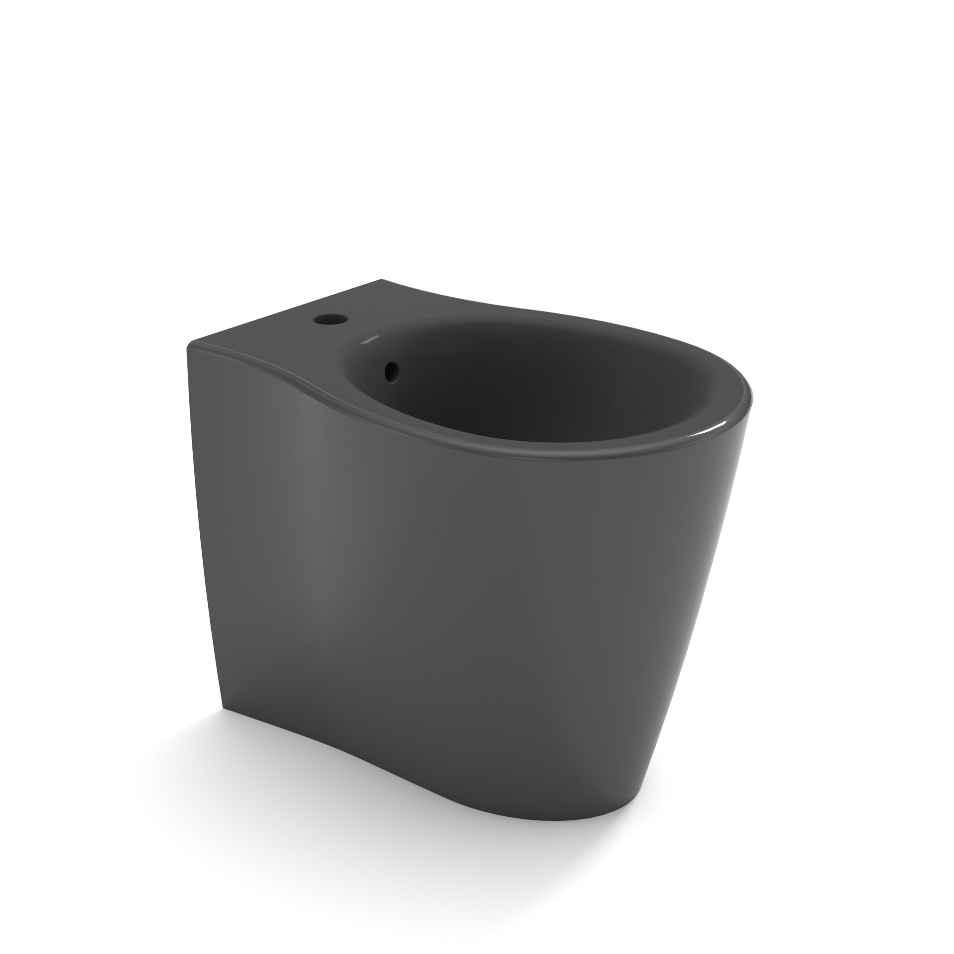 WC sospeso di colore grigio scuro con tazza arrotondata e design compatto su sfondo bianco.