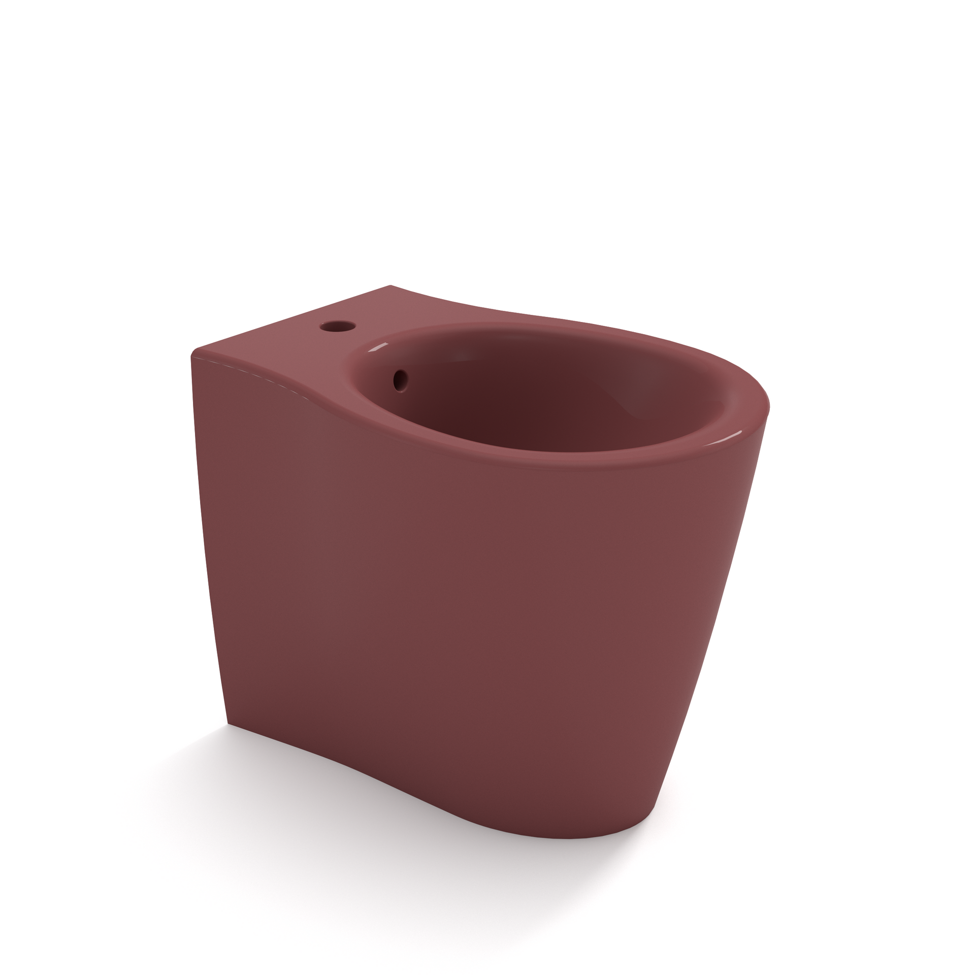 WC sospeso in ceramica color bordeaux con tazza arrotondata su sfondo bianco.