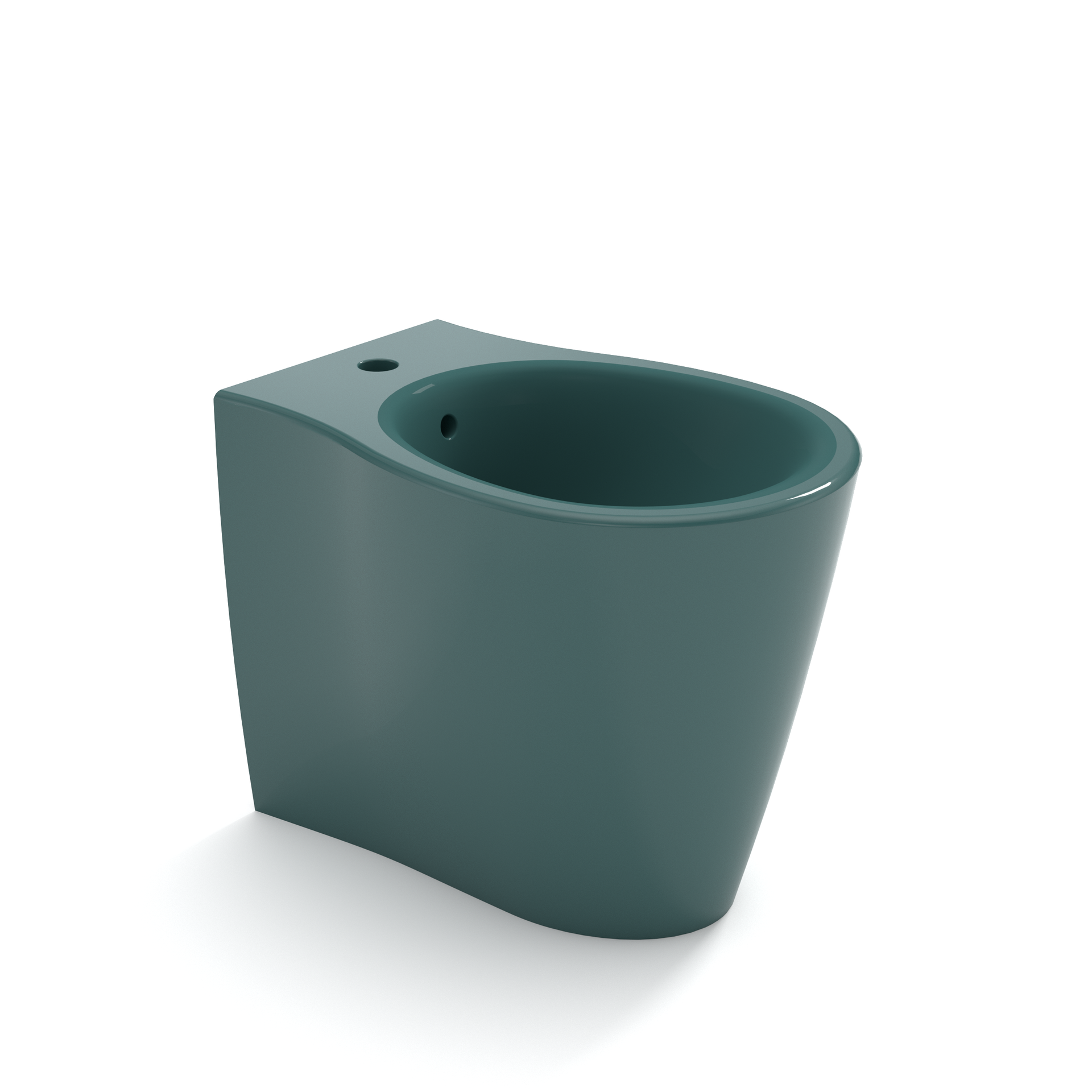 WC moderno color verde acqua con tazza ovale e base rettangolare su sfondo bianco.