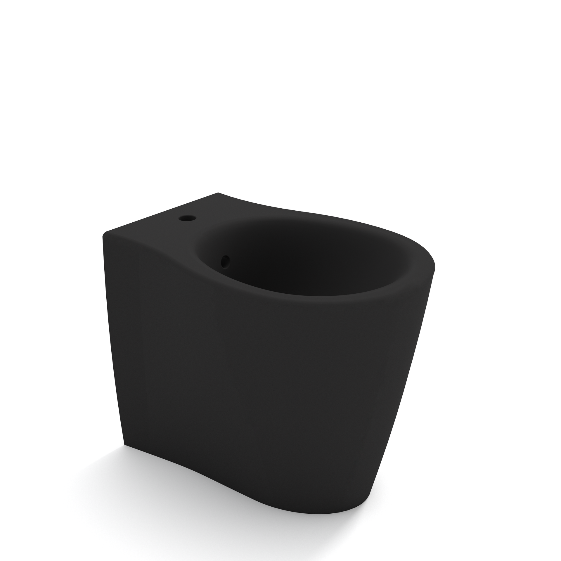 Vaso WC in ceramica nera, vista angolata su sfondo bianco.