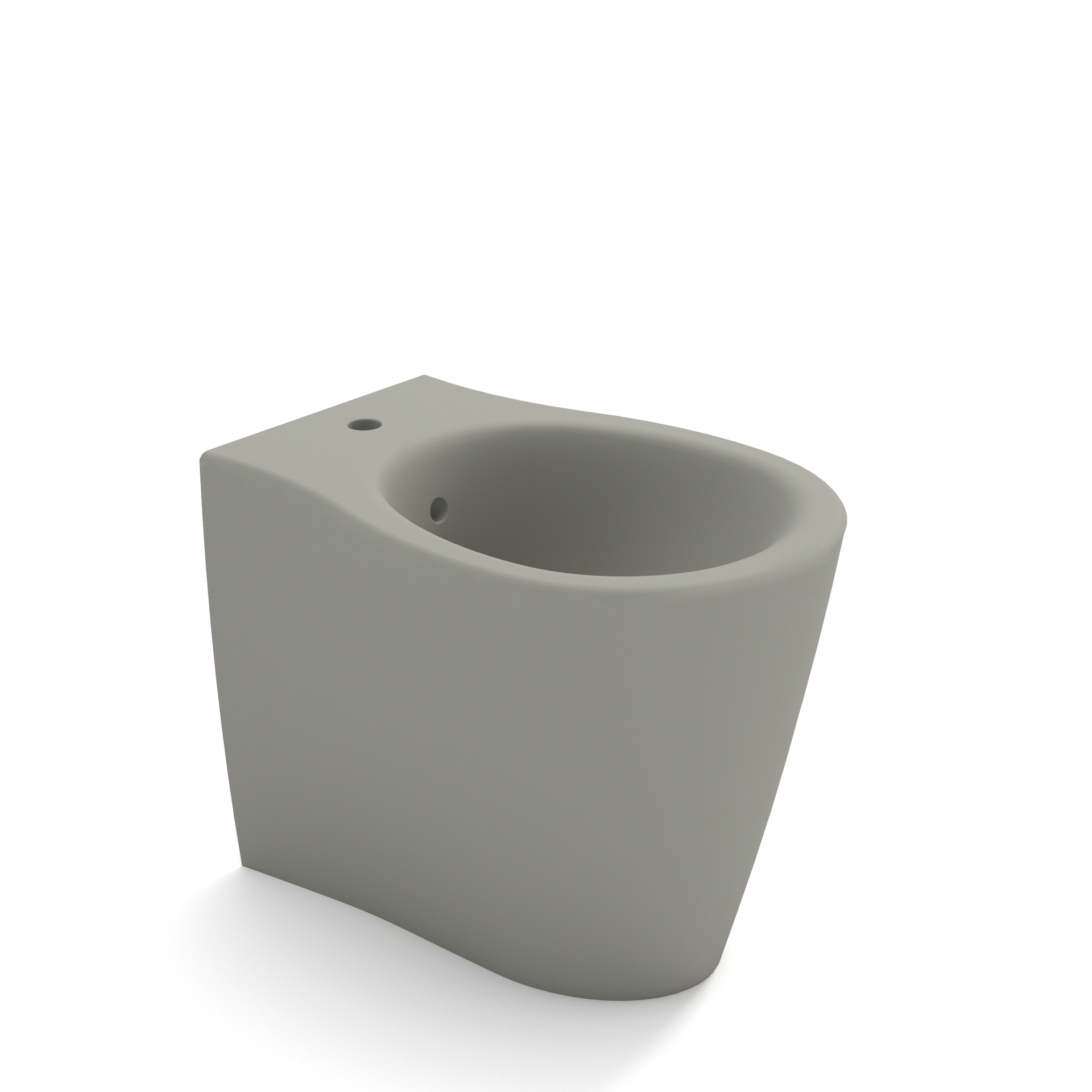 Bidet in ceramica grigia con vasca ovale e foro di scarico, mostrato su sfondo bianco.