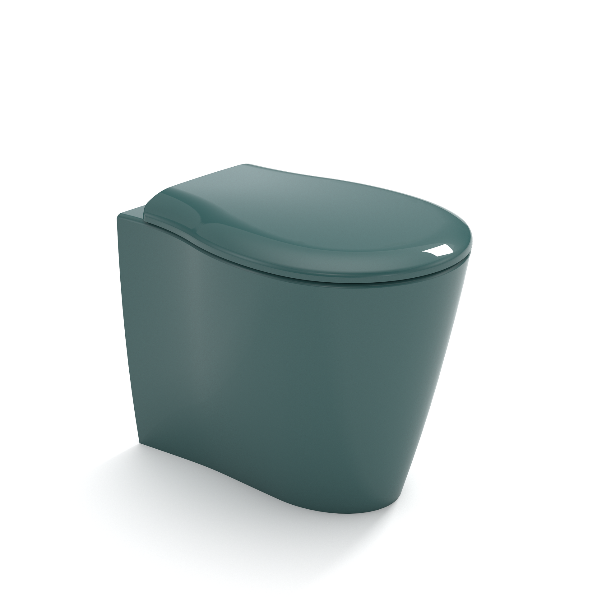 Wc con tavoletta color verde acqua scuro su sfondo bianco.