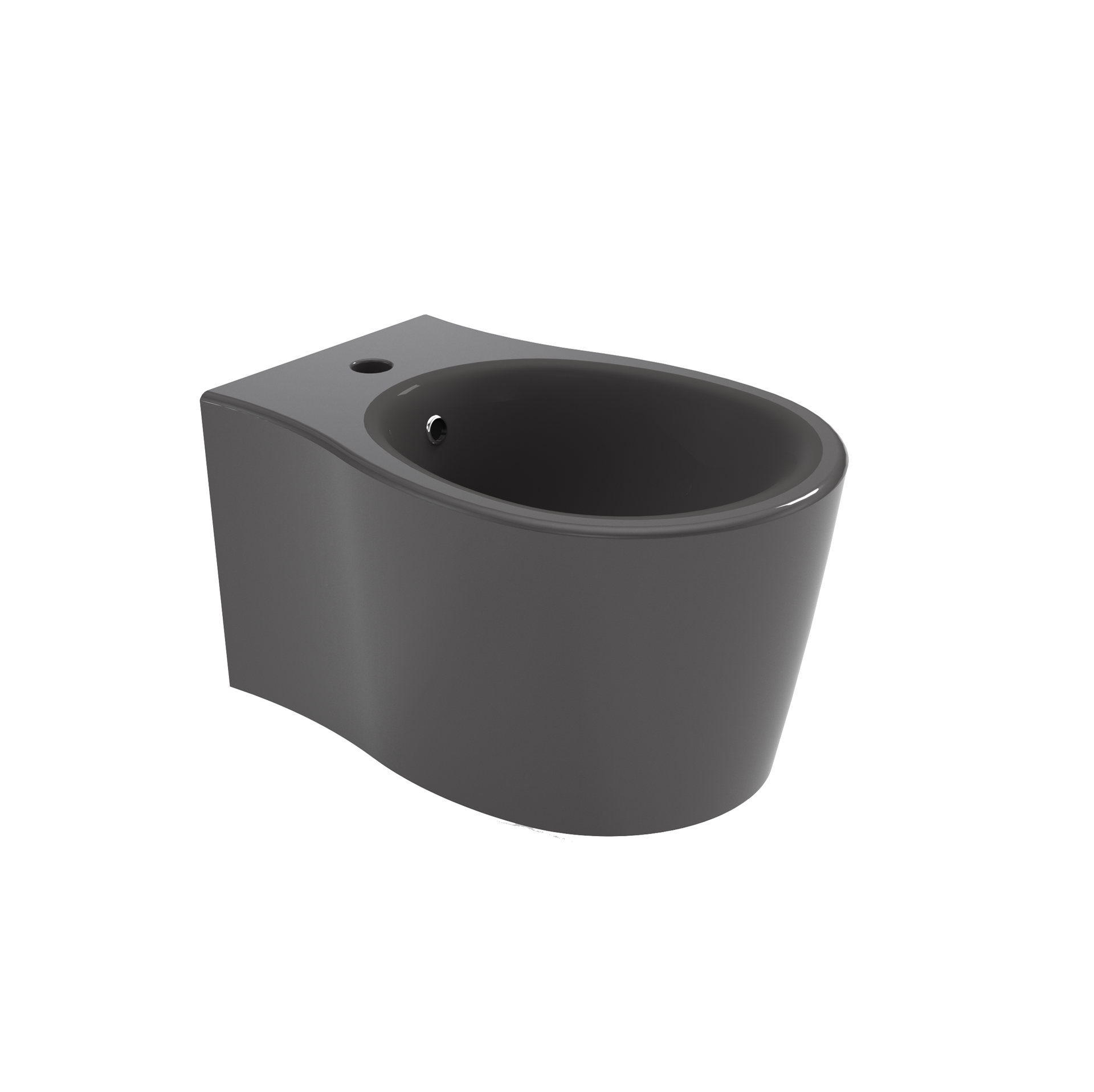 WC sospeso di colore grigio scuro con tazza arrotondata e foro di scarico laterale su sfondo bianco.