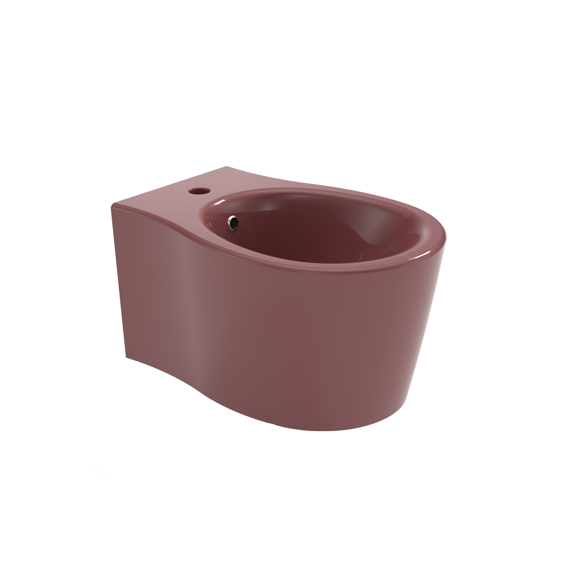 Vaso WC rosa a parete con vasca ovale e foro di scarico laterale.