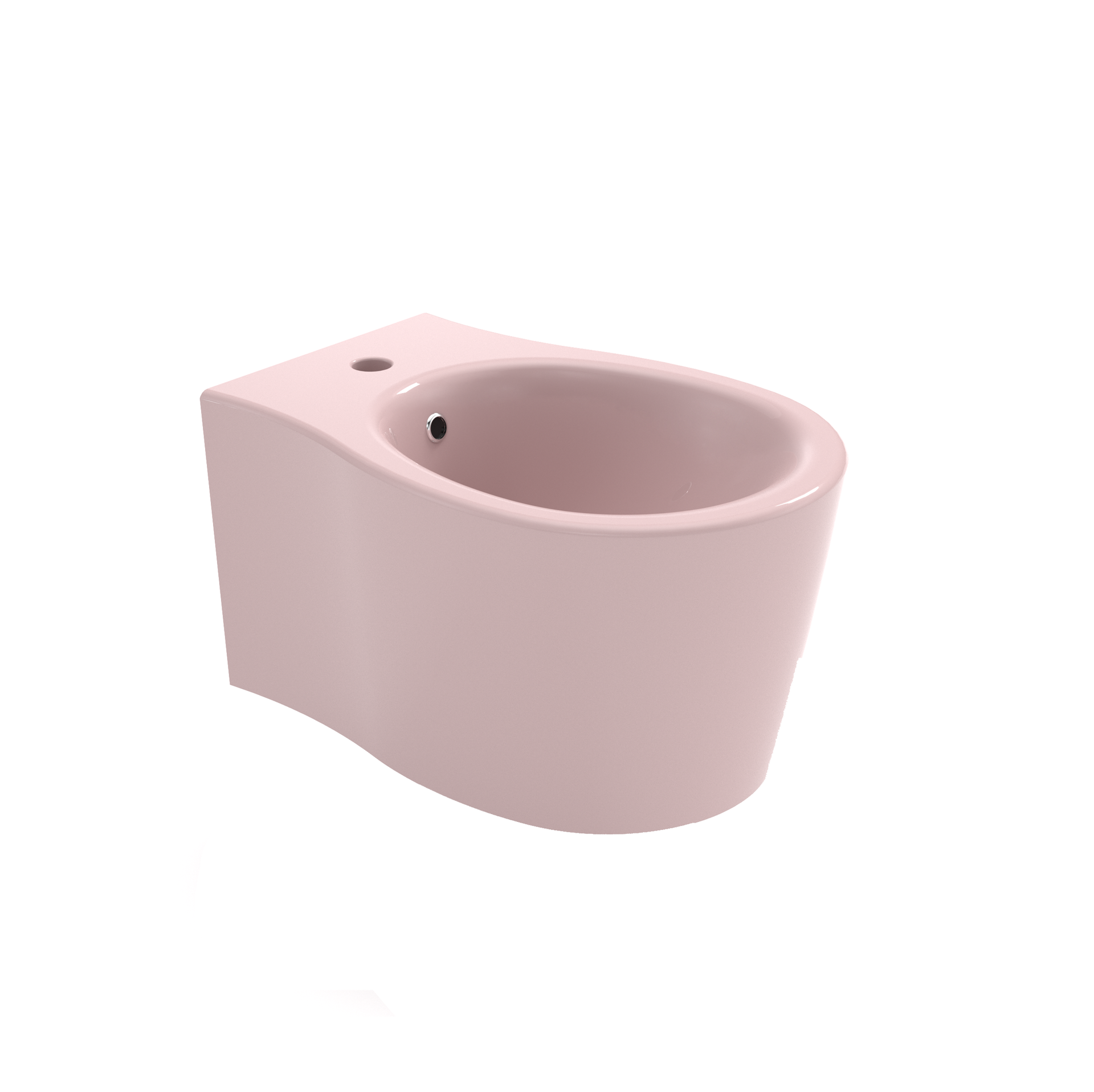 Bidet a parete in ceramica rosa con lavabo ovale e foro per il rubinetto.