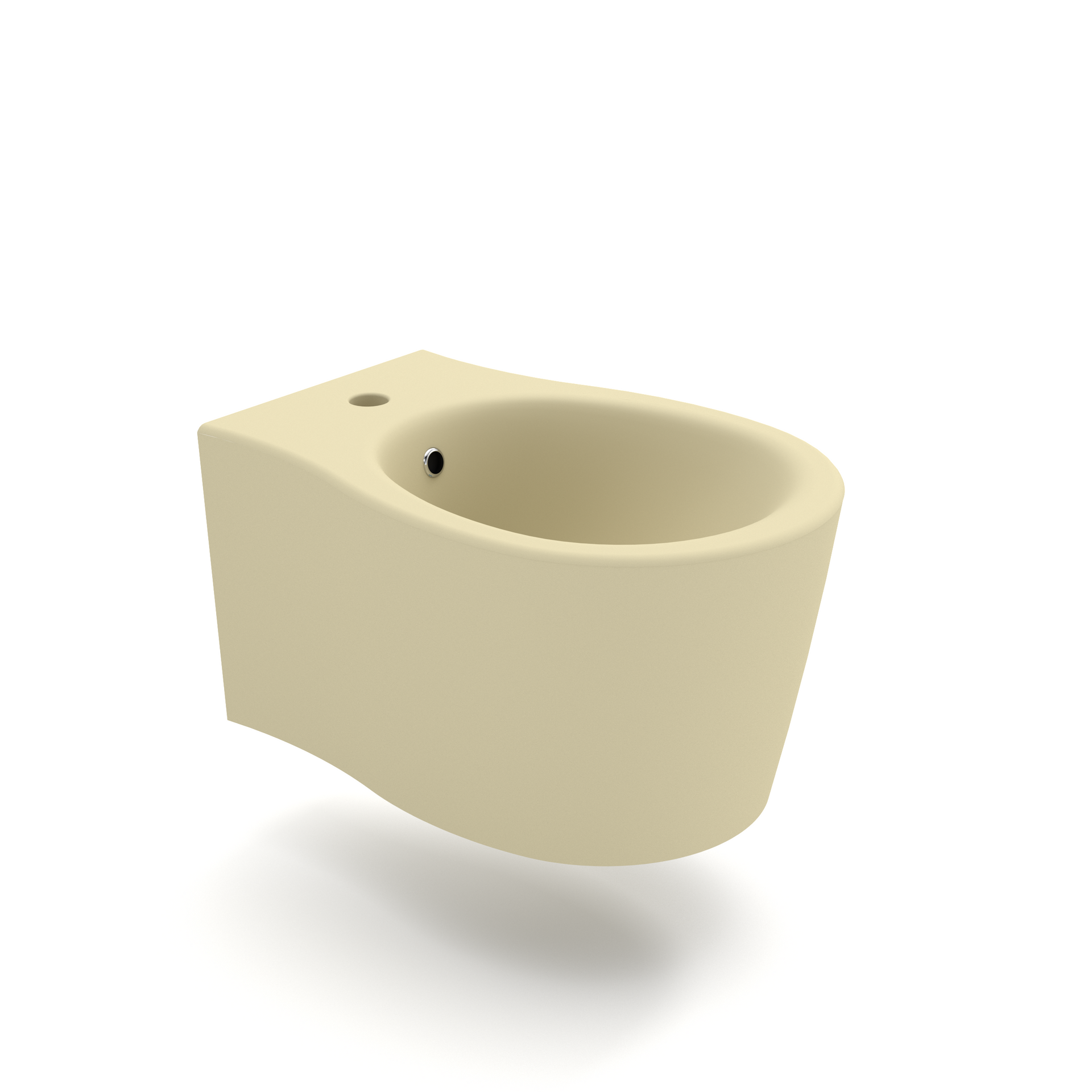Bidet in ceramica beige con vasca ovale e foro laterale per il rubinetto su sfondo bianco.