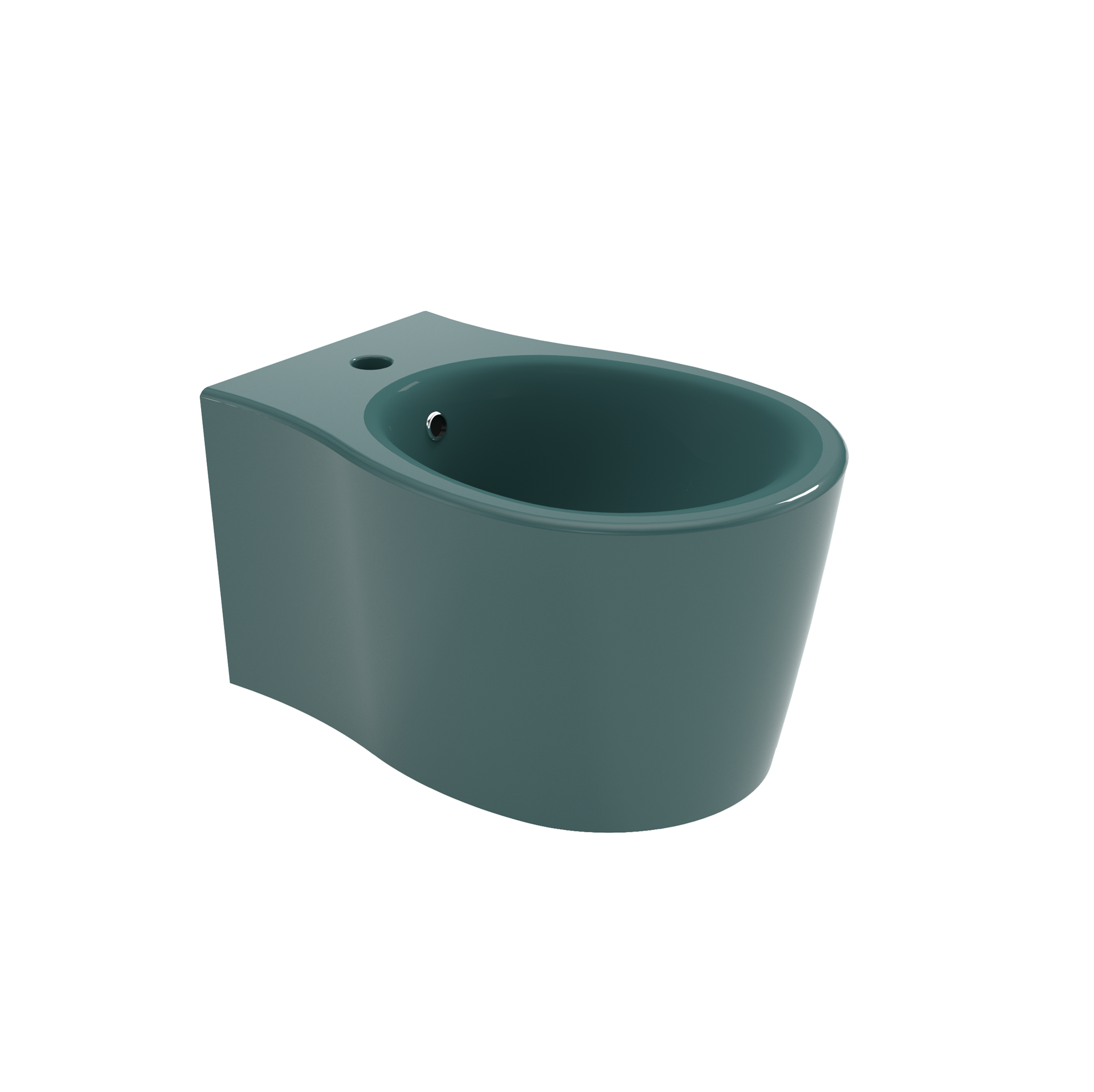 Bidet a parete in ceramica color verde acqua con tazza ovale e foro per il rubinetto.