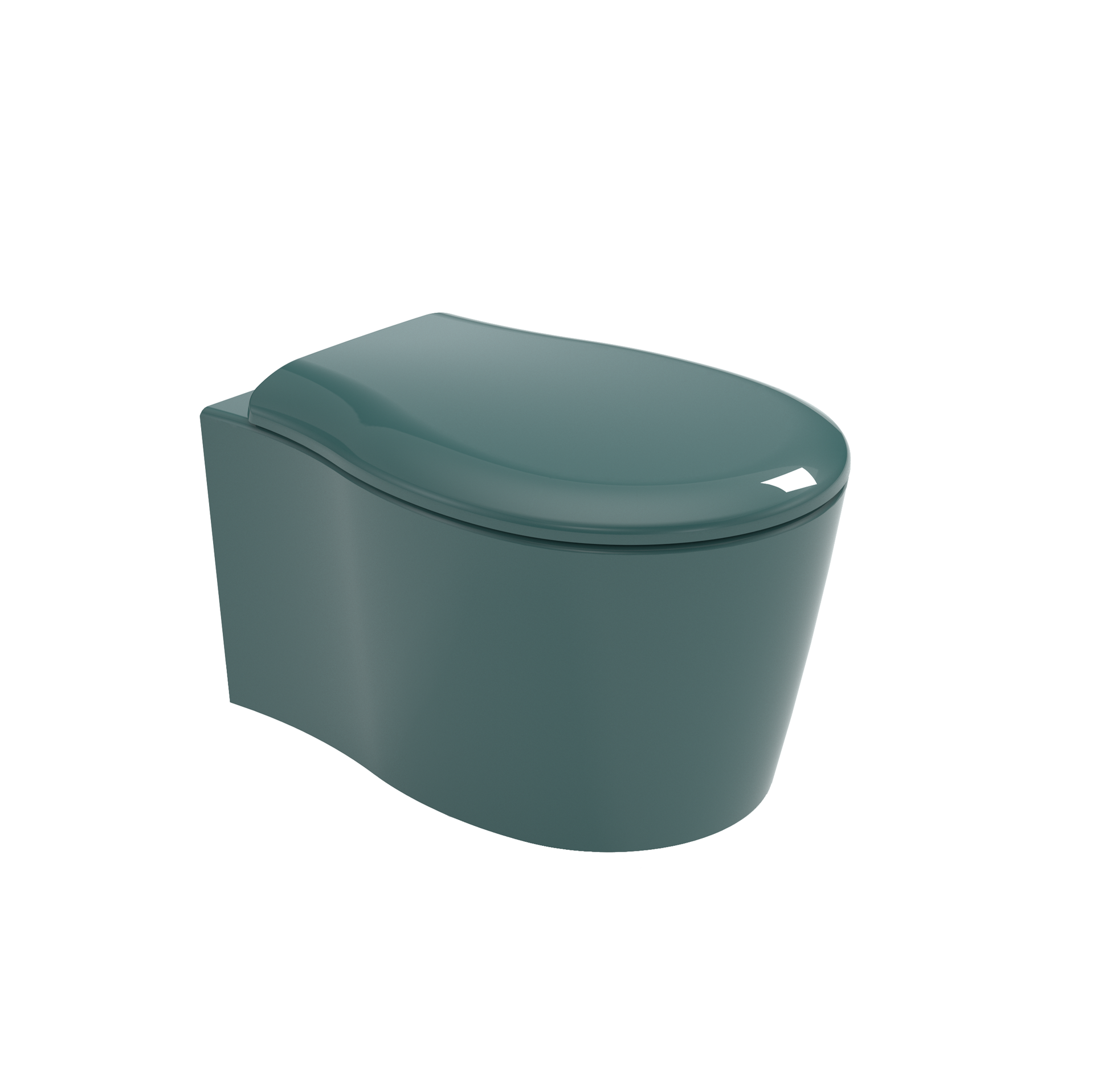 WC moderno color verde acqua con elegante cassetta e coperchio arrotondati.