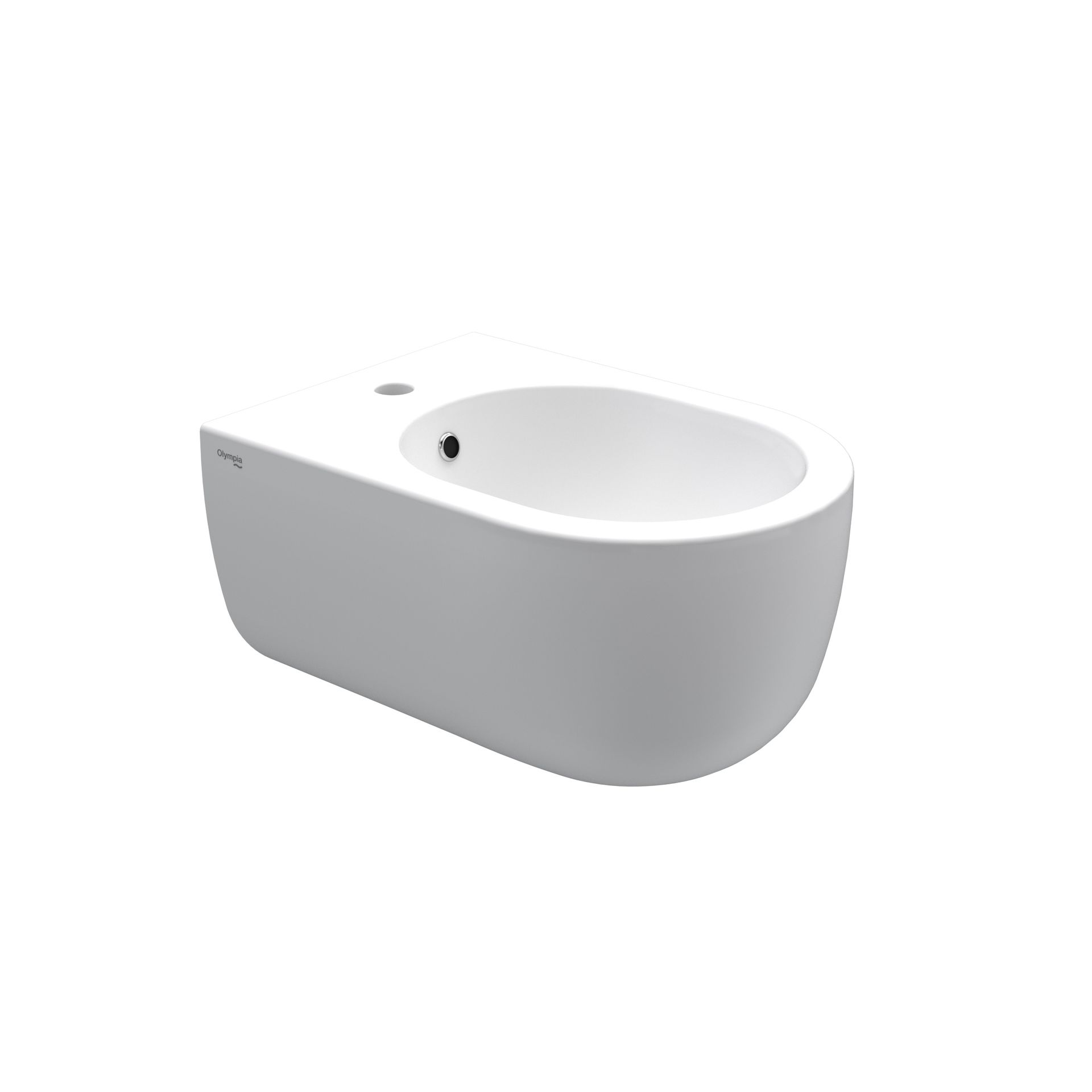 Bidet bianco a parete con vasca ovale e foro singolo per rubinetto su sfondo liscio.