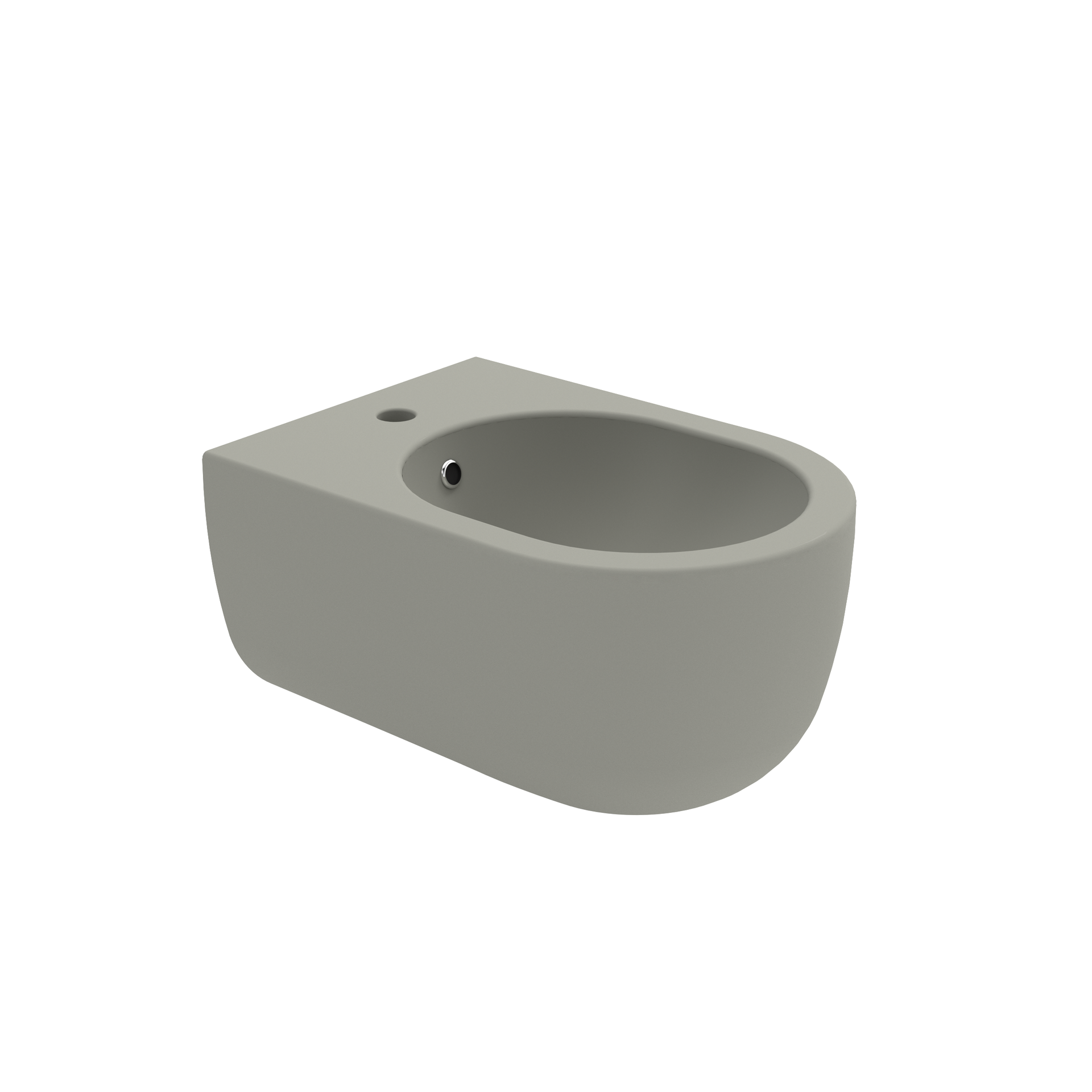 Bidet grigio a parete con lavabo ovale e foro per il rubinetto.