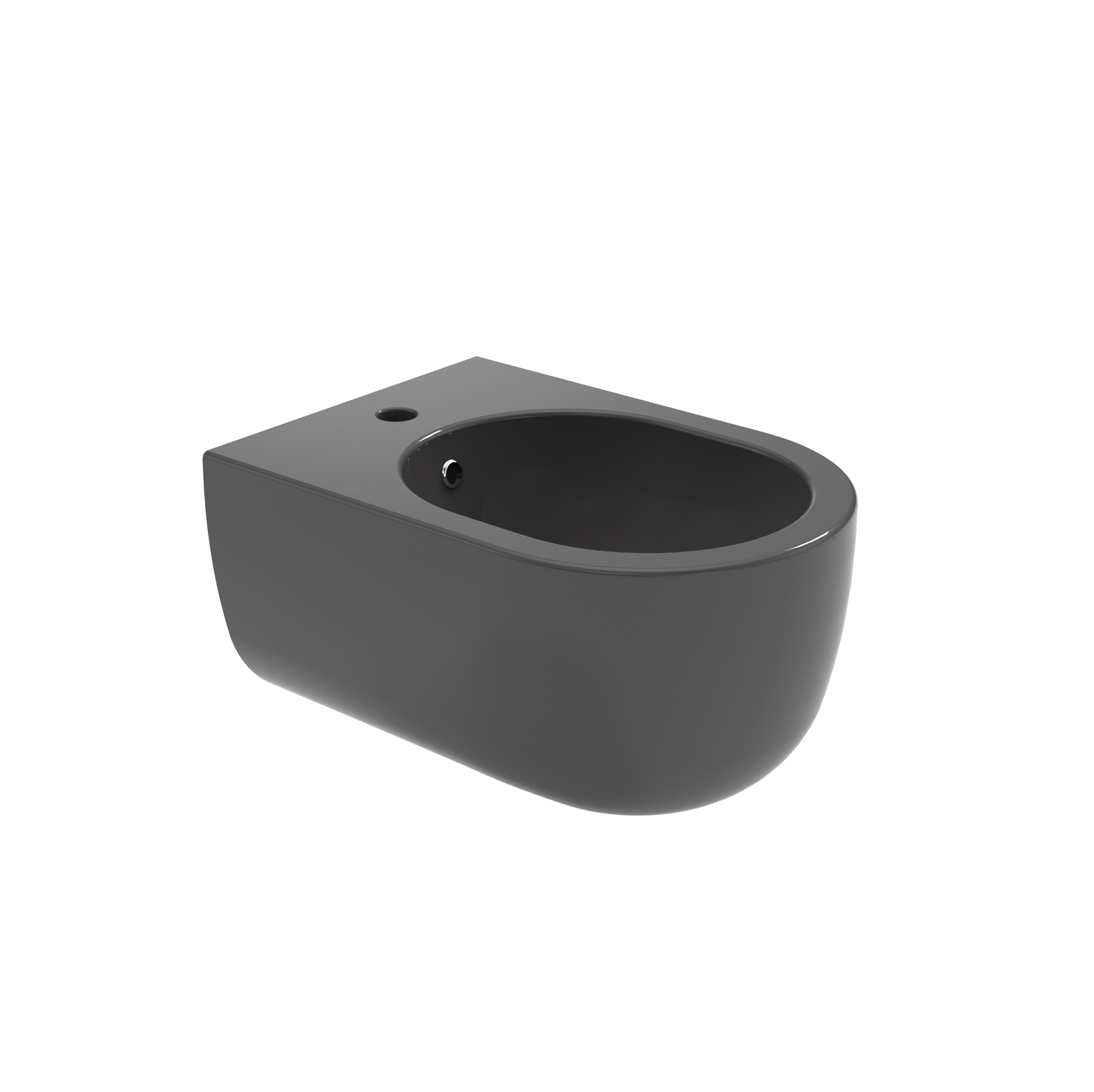 WC sospeso di colore grigio scuro con tazza ovale e scarico laterale.
