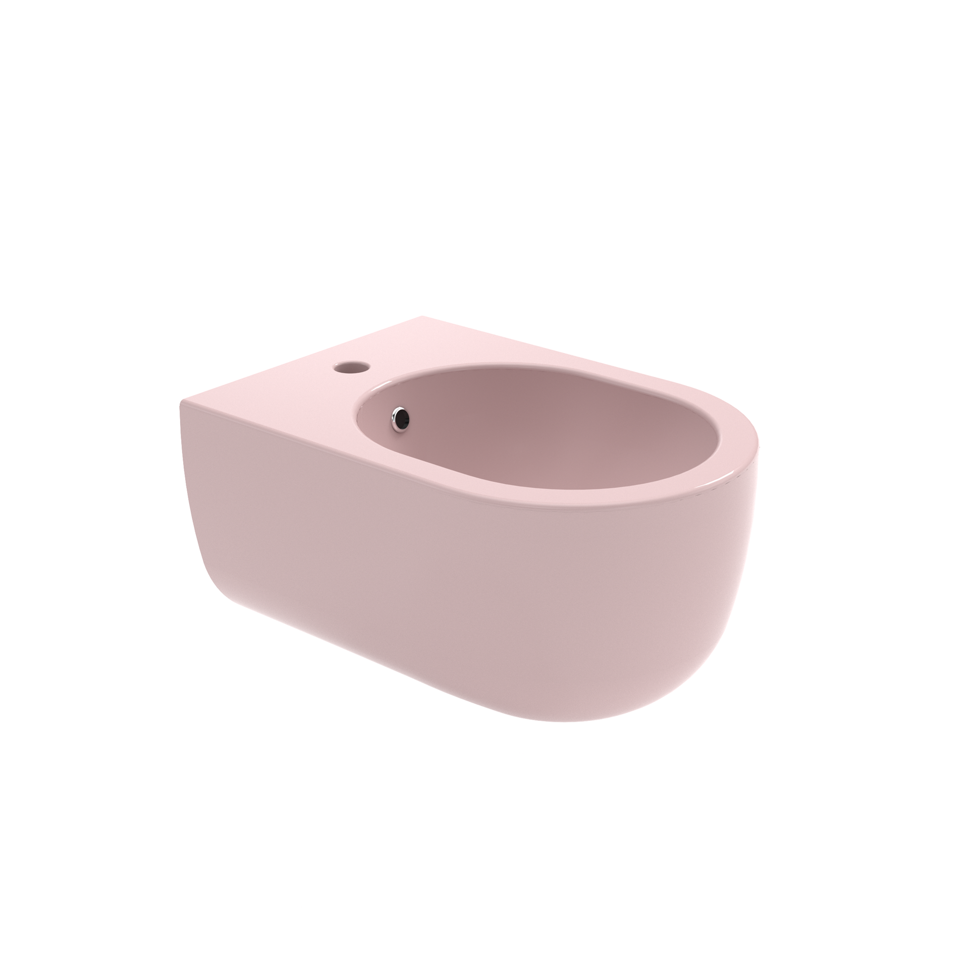 Bidet rosa a parete con lavabo ovale e fori per il rubinetto.
