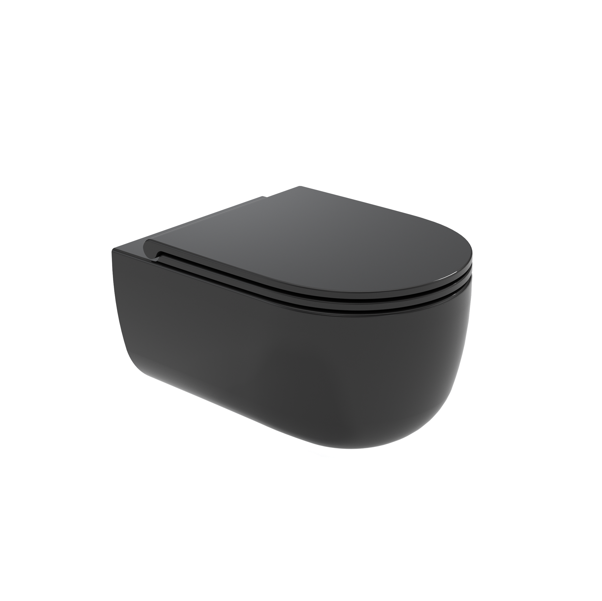 WC sospeso nero con coperchio chiuso su sfondo bianco.