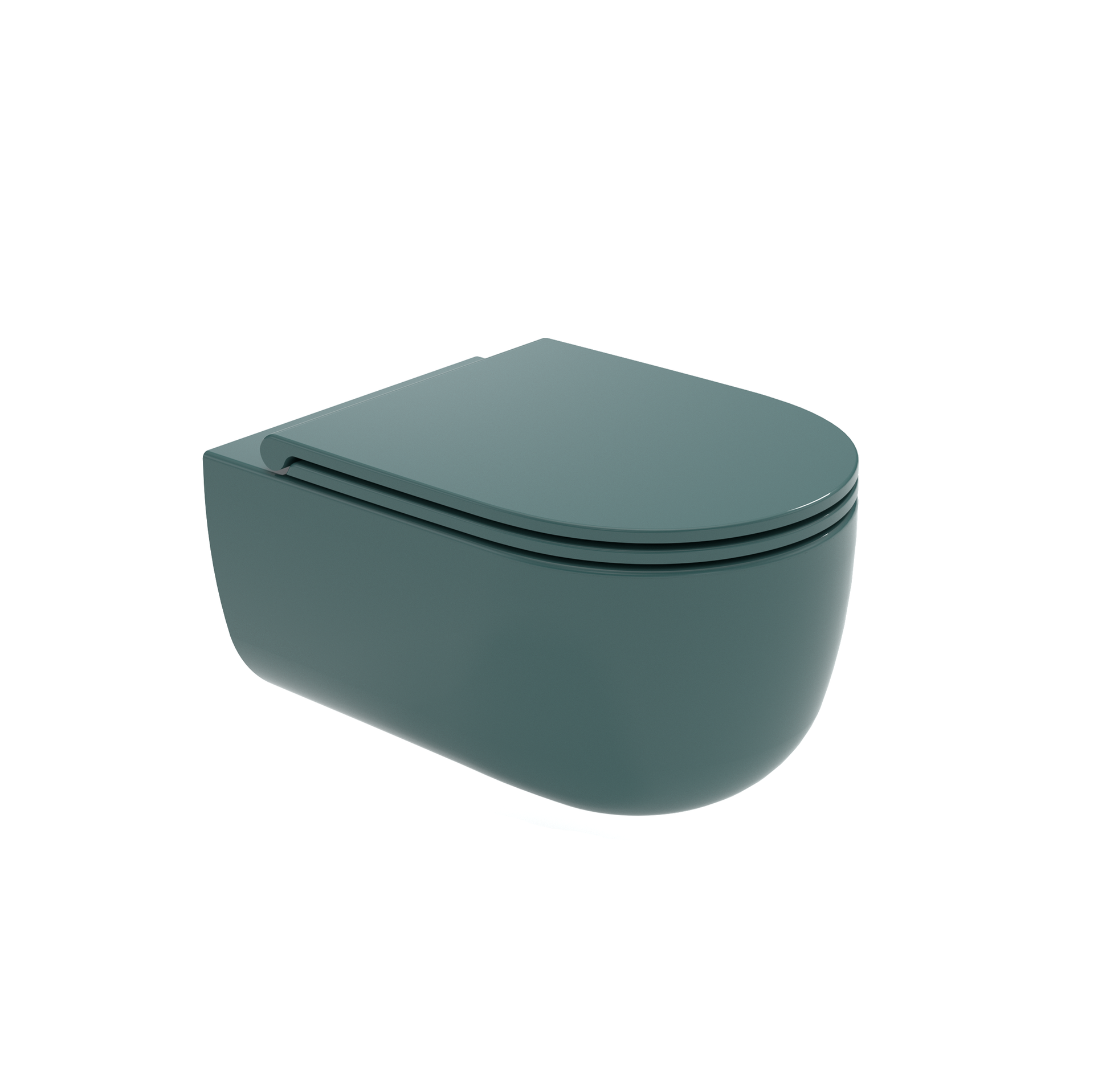 WC moderno color verde acqua con coperchio chiuso, vista laterale su sfondo bianco.