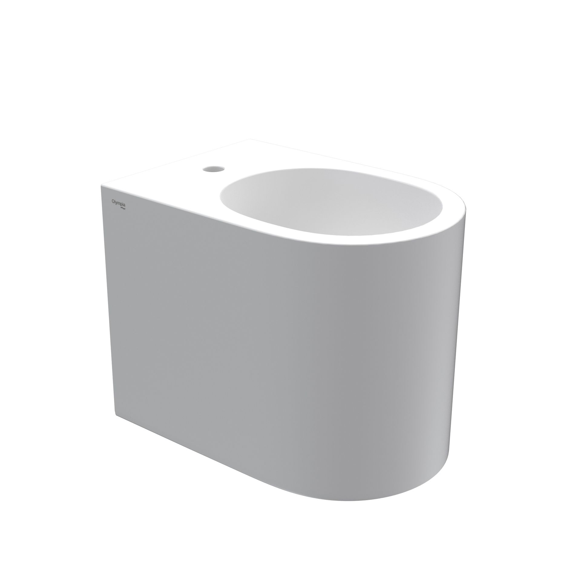 Modello 3D in scala di grigi di un apparecchio cilindrico con parte superiore aperta e pannello laterale piatto.