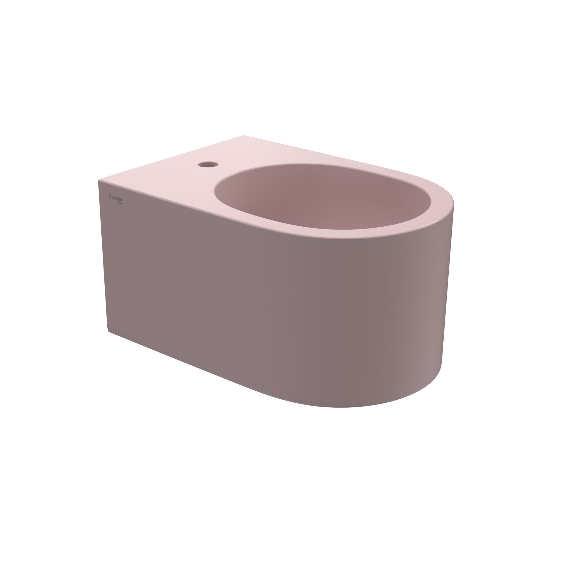 wc rosa con parte superiore arrotondata, apertura circolare e piccolo foro di montaggio su sfondo bianco.