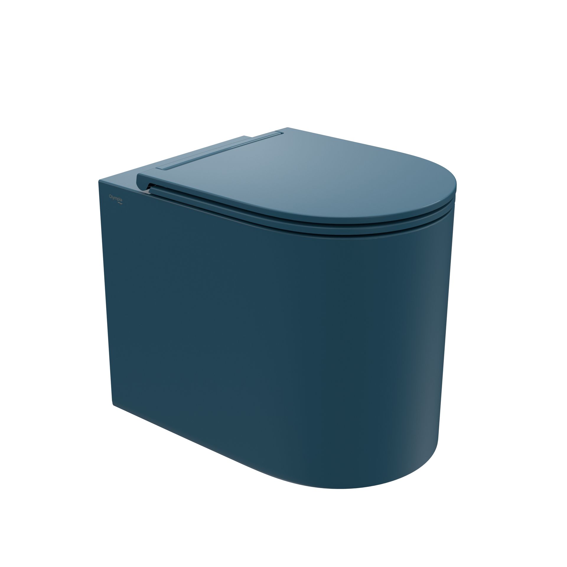 wc di colore blu, simile a un cestino o contenitore per i rifiuti, su sfondo bianco.