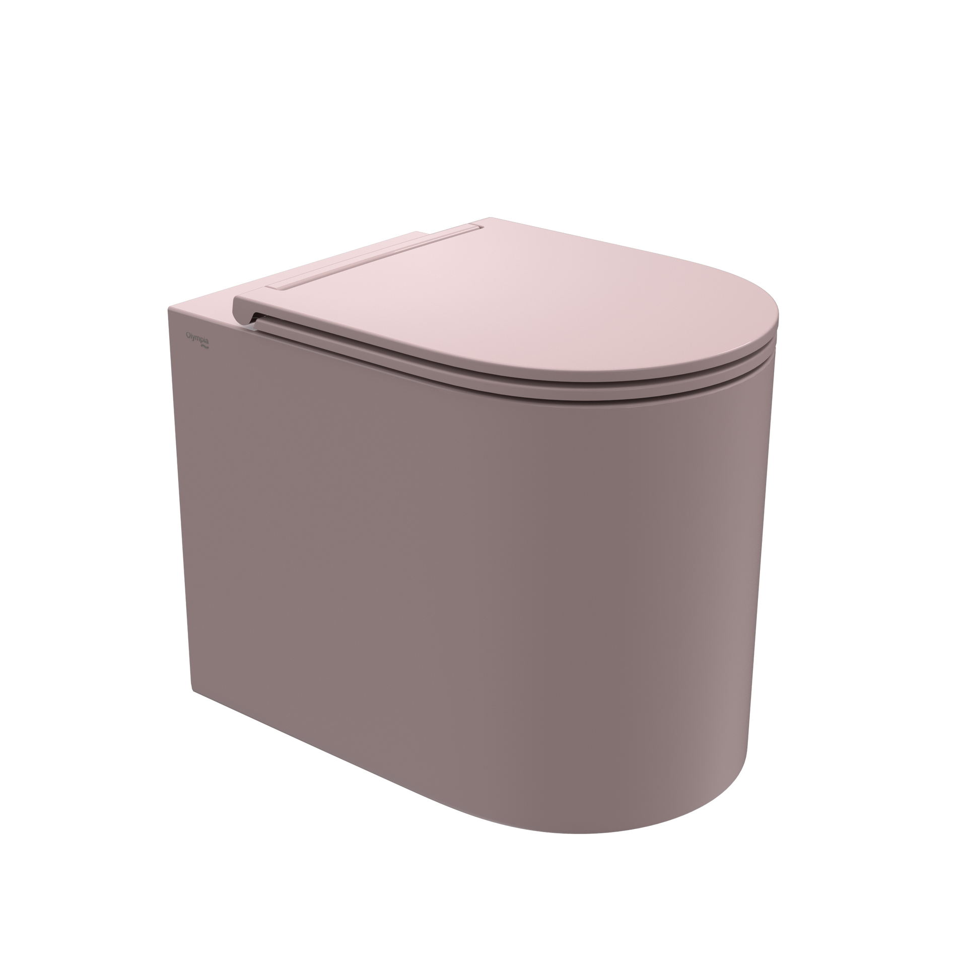 wc rosa con piano arrotondato e design liscio e minimalista su sfondo bianco.