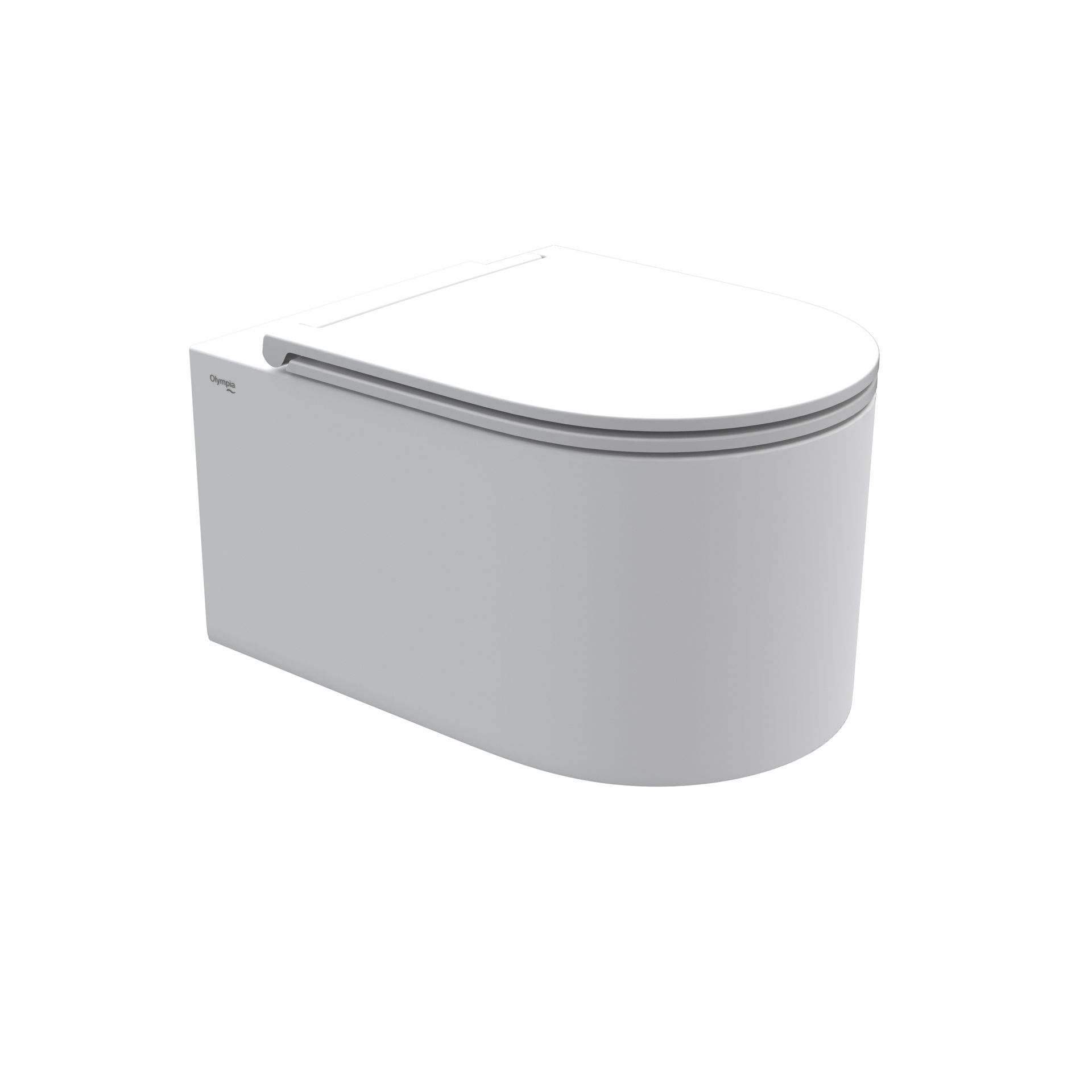 WC bianco con frontale curvo e piano arrotondato, mostrato in 3D su sfondo neutro.