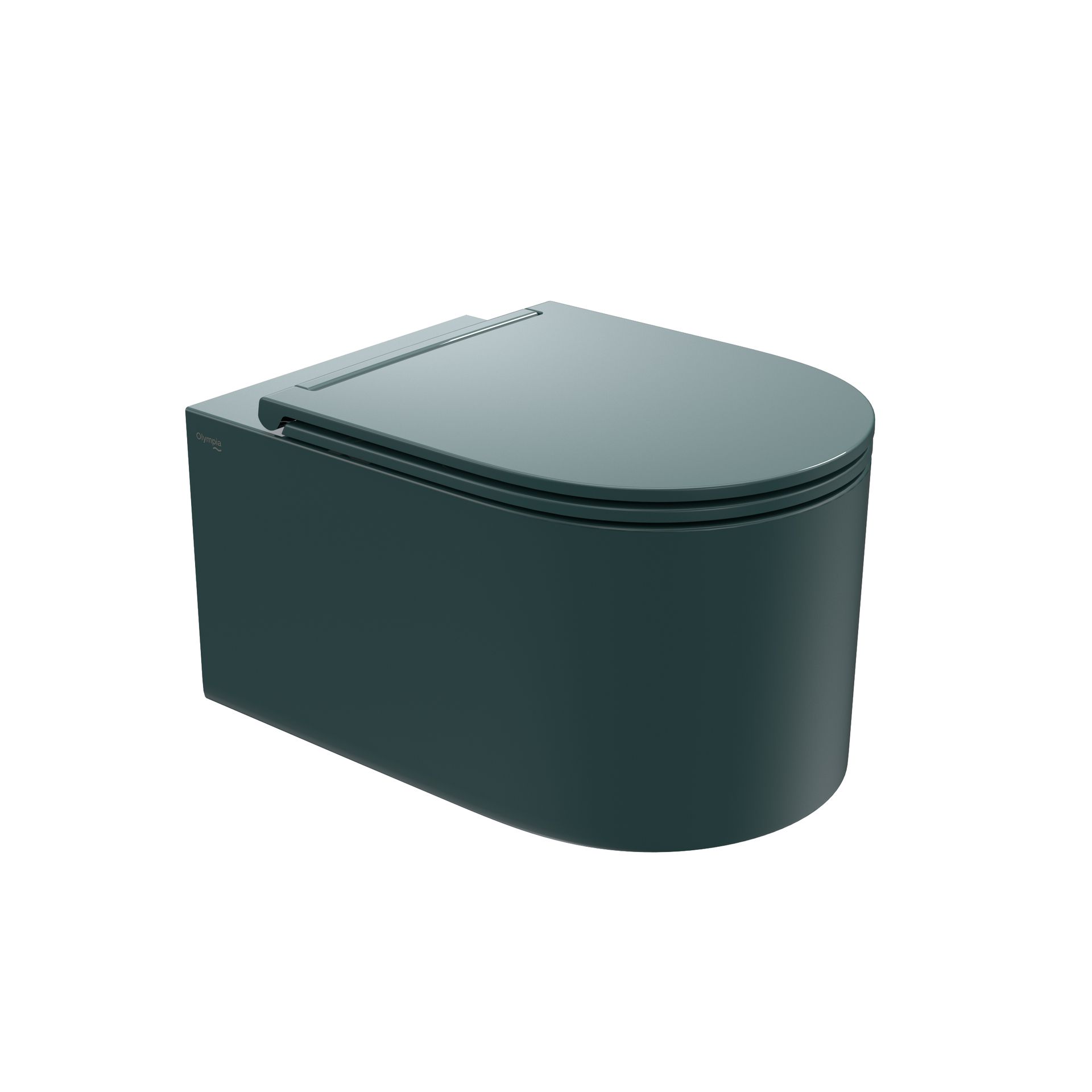 WC moderno color verde acqua scuro con cassetta e coperchio arrotondati su sfondo bianco.
