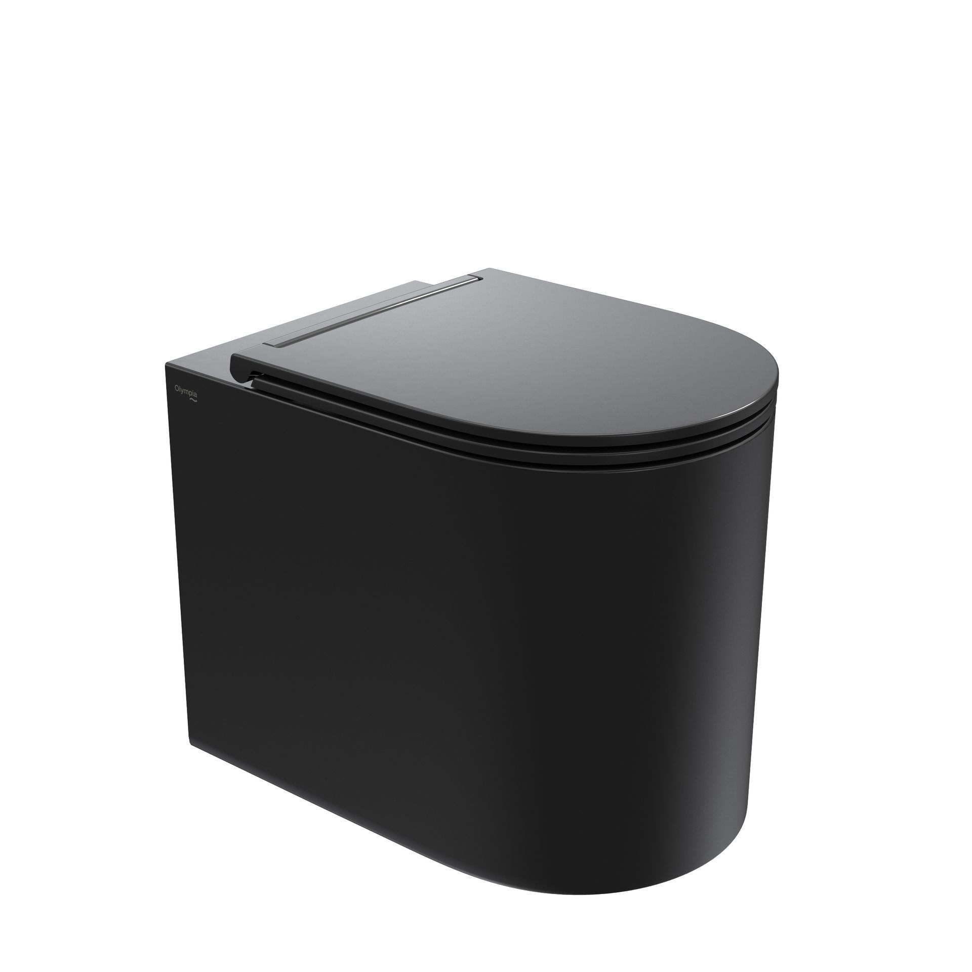 WC moderno nero con coperchio arrotondato su sfondo bianco.
