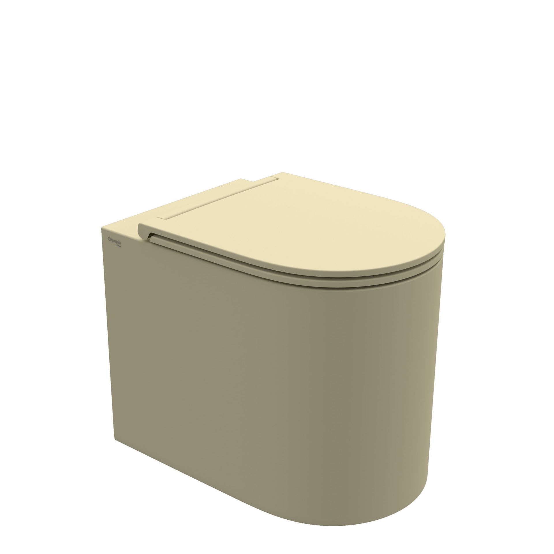 wc di colore beige con coperchio curvo su sfondo bianco.