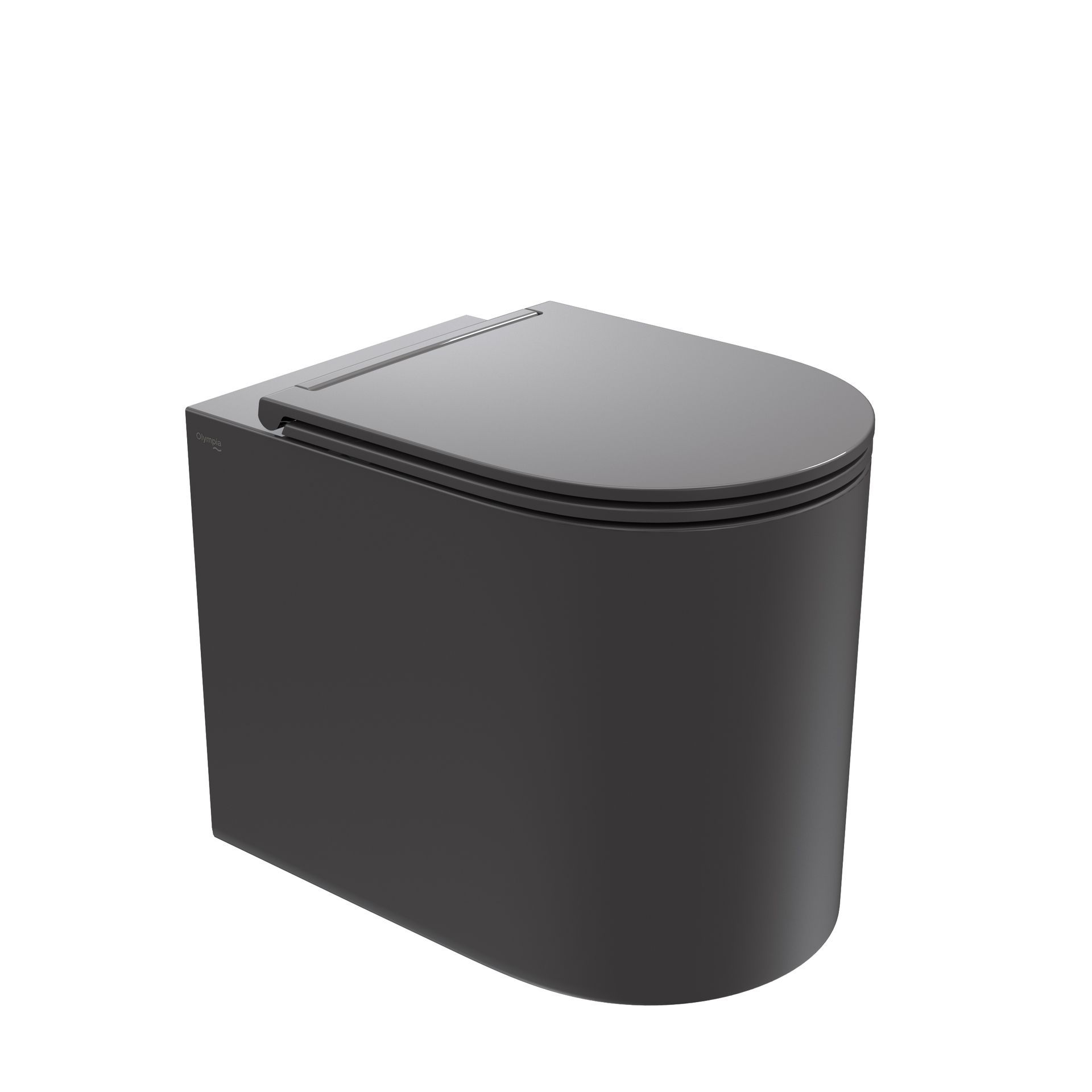 WC moderno di colore grigio scuro con coperchio arrotondato su sfondo bianco.