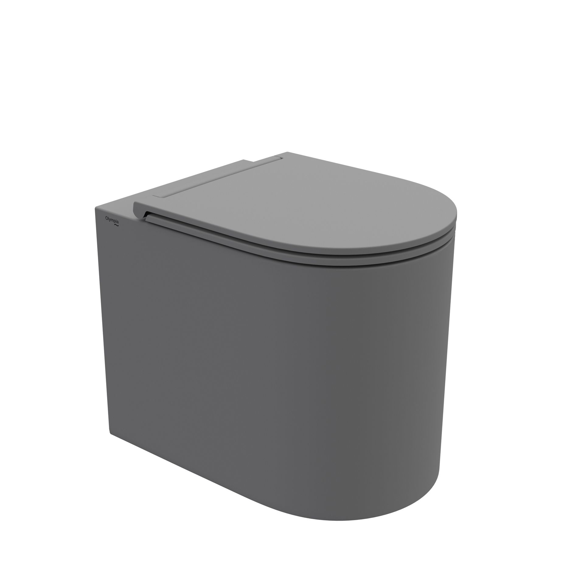 wc grigio curvo con coperchio arrotondato su sfondo bianco.