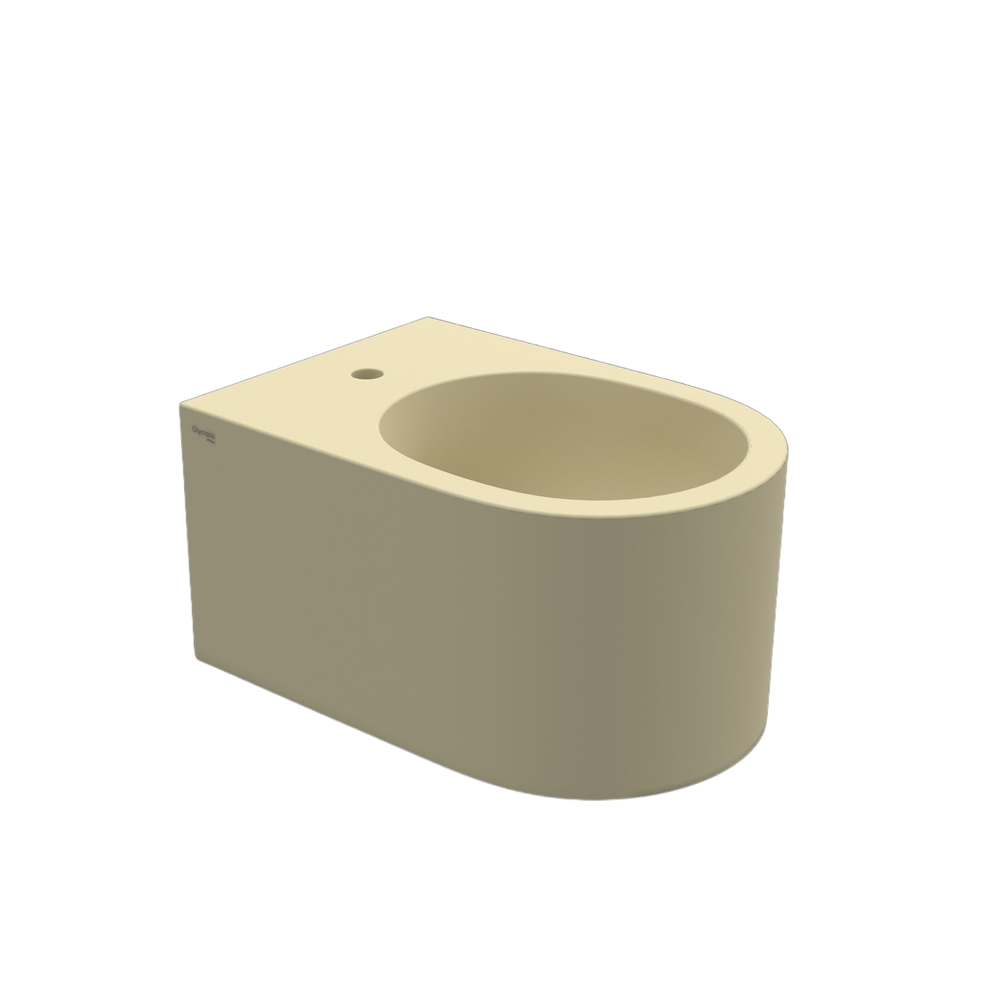 Vaso o accessorio WC beige, con rendering 3D, apertura ovale e foro di montaggio.